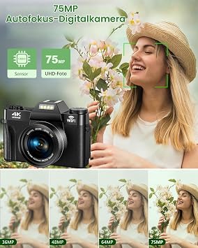 Digital Camera 4K 75MP with Wi-Fi 2 x 1500 mAh Batteries Auto Focus Camera