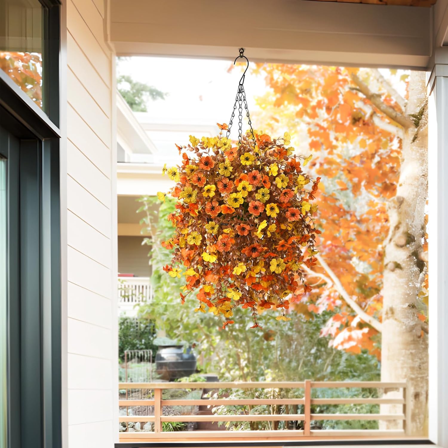 Homsunny Artificial Fsll Faux Hanging Flowers Plants Basket for Outdoor Decoration,Fake Silk Orange Mums planters UV Resistant Look Real for Home Porch Patio Yard Outside Autumn Decor (Yellow Orange)