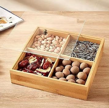 Promosyonca Bambu 4'lü Kapaklı Çerezlik, Kahvaltılık, Mika Kapak, Ahşap Bölmeli Servis Kutusu