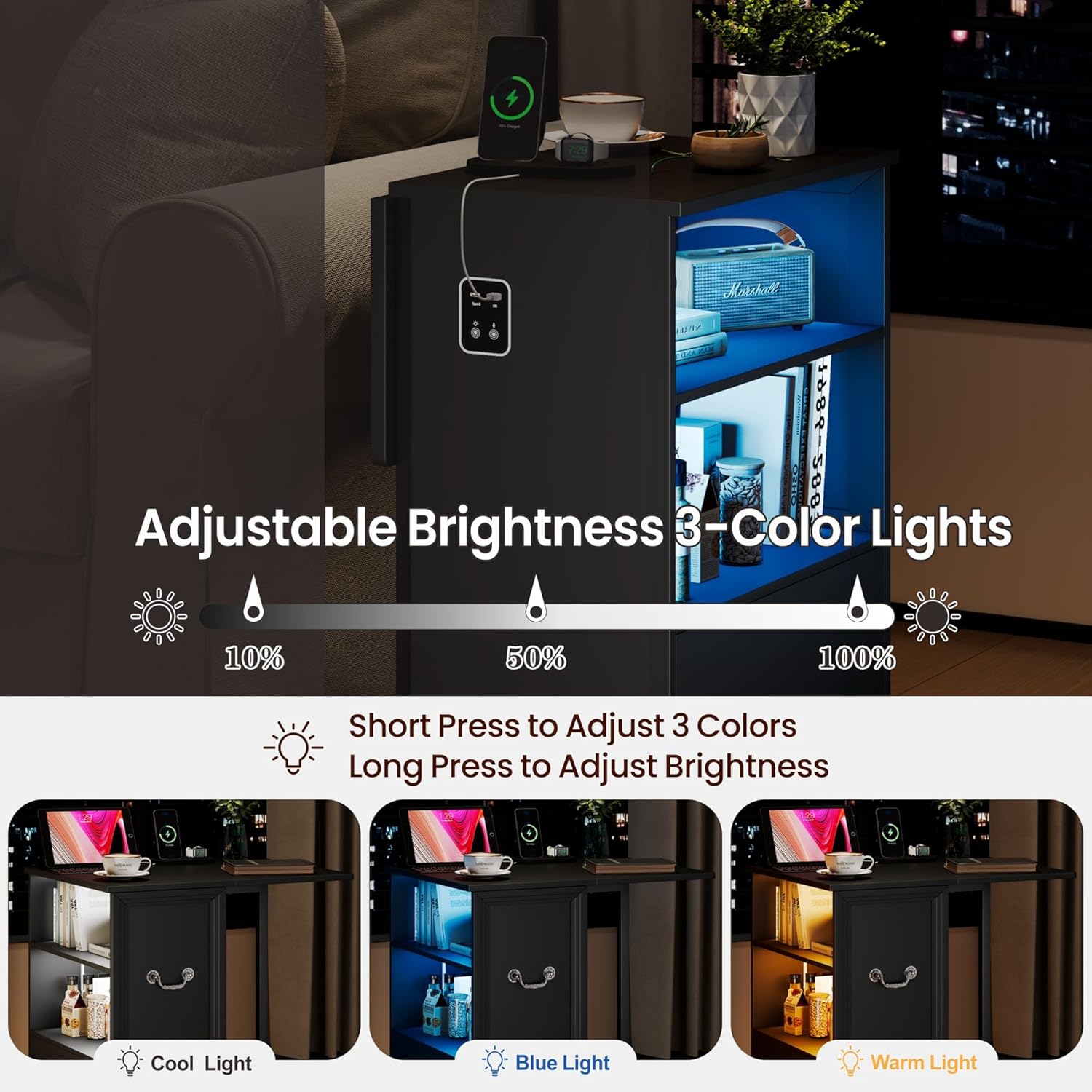 Side Table with Charging Station and LED Lights, 27.5" Tall Rolling End Table with Drawers and Shelves, Narrow Nightstand with Wheels for Small Space, Living Room, Bedroom, Black