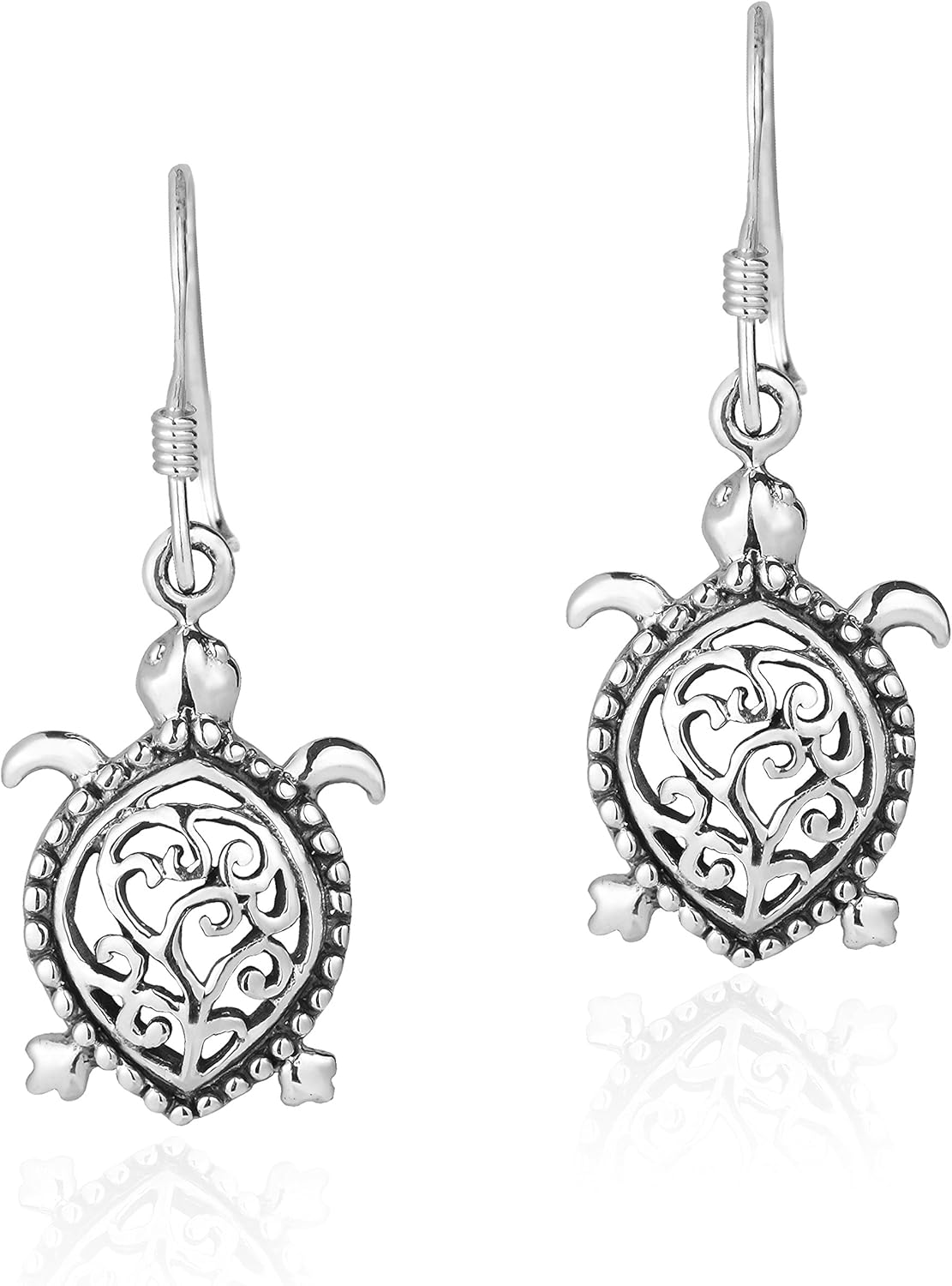 Detailed Swirl Pacific Turtle .925 Sterling Silver Dangle Earrings