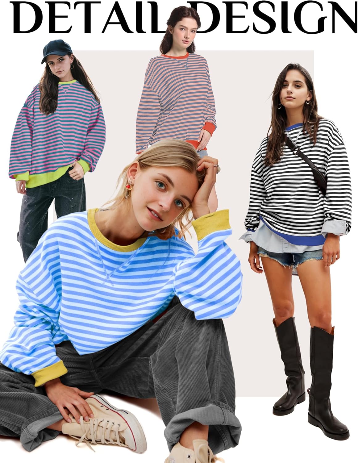 Women Striped Oversized Sweatshirt Long Sleeve Crewneck Shirt Lightweight Pullover Top Preppy Y2K Clothes - Image 6