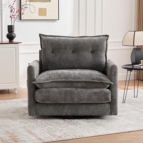 Miniatura 12 de Silla giratoria de chenilla de gran tamaño de 36 pulgadas de ancho para sala de estar y dormitorio, moderna silla tapizada para ocio y lectura Negro