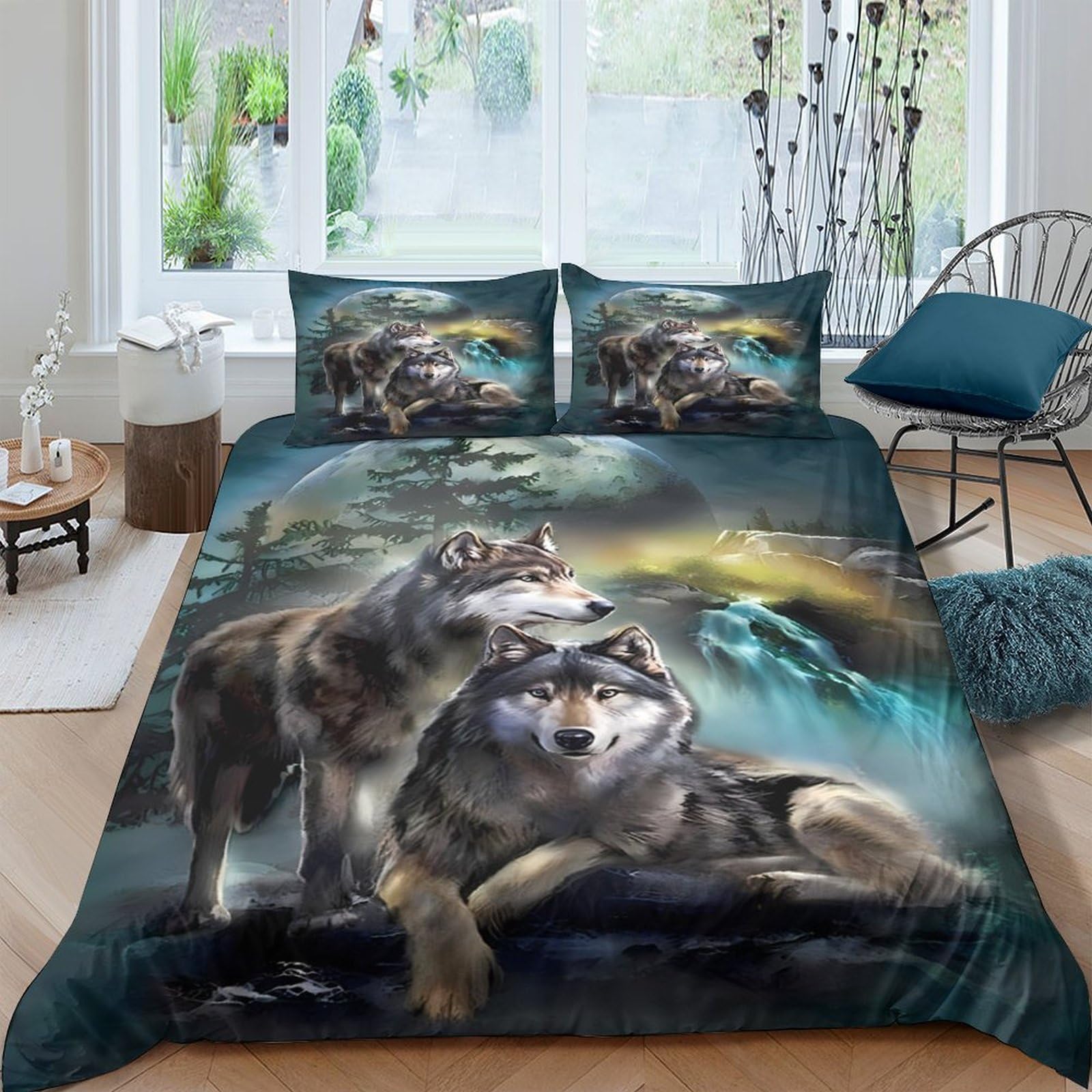 GPLZQXKJNH 3D Printed Wolf Forest Duvet Cover Microfiber Soft Breathable Night Sky Bedding Set with 2 Pillowcases for Bedroom Decor Single（135x200cm）