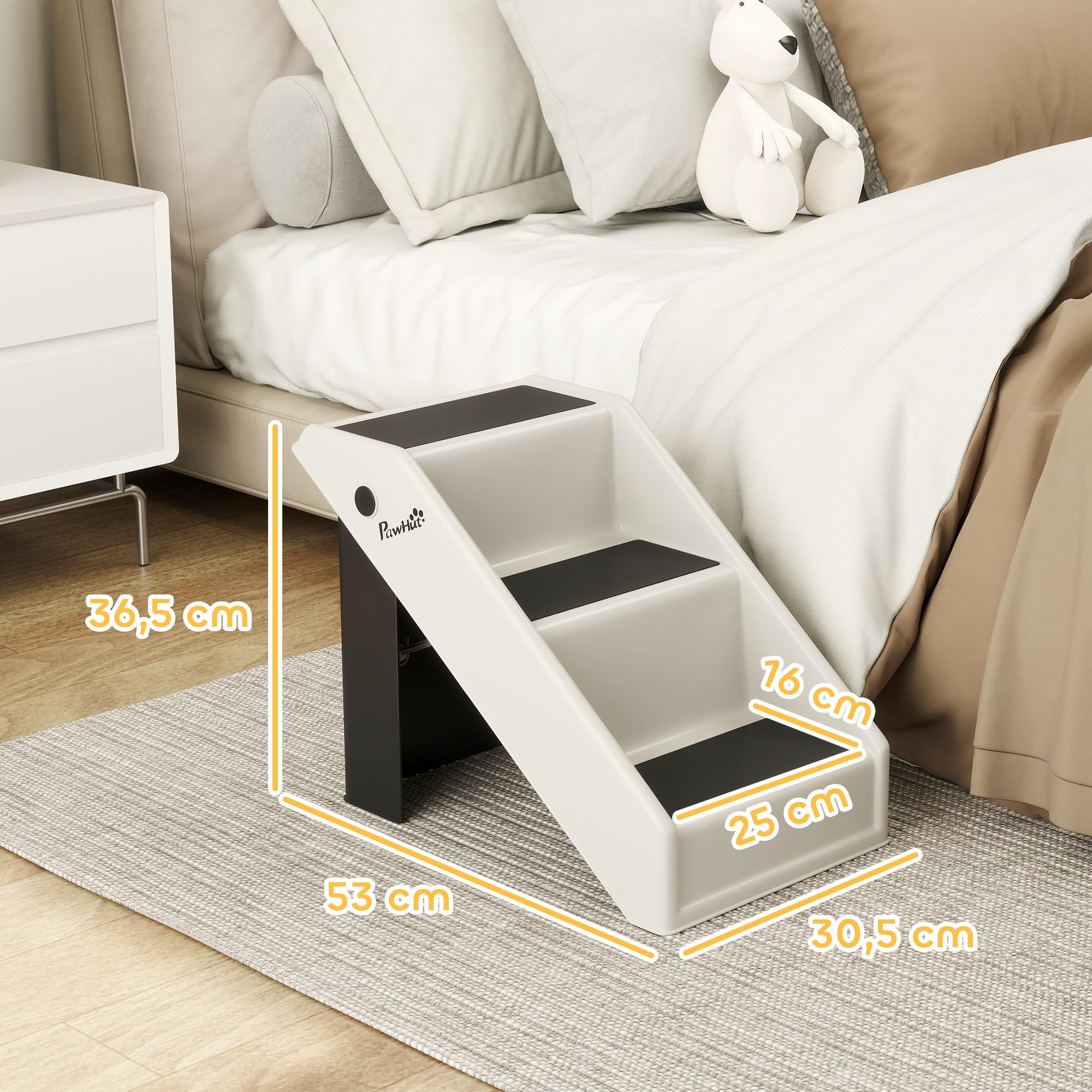 PawHut Escalera para Perros Plegable de 3 Peldaños Portátil Escalera para Mascotas Mayores Perros Pequeños Gatos para Sofá y Cama 53x30,5x36,5 cm Blanco Crema