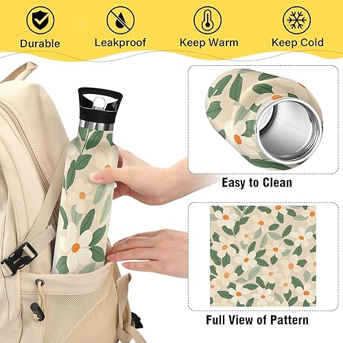 Miniatura 4 de FLOWER and whites - Botella de agua natural a prueba de fugas, sin BPA, con pajilla, doble pared aislada al vacío para deportes, viajes y escuela,