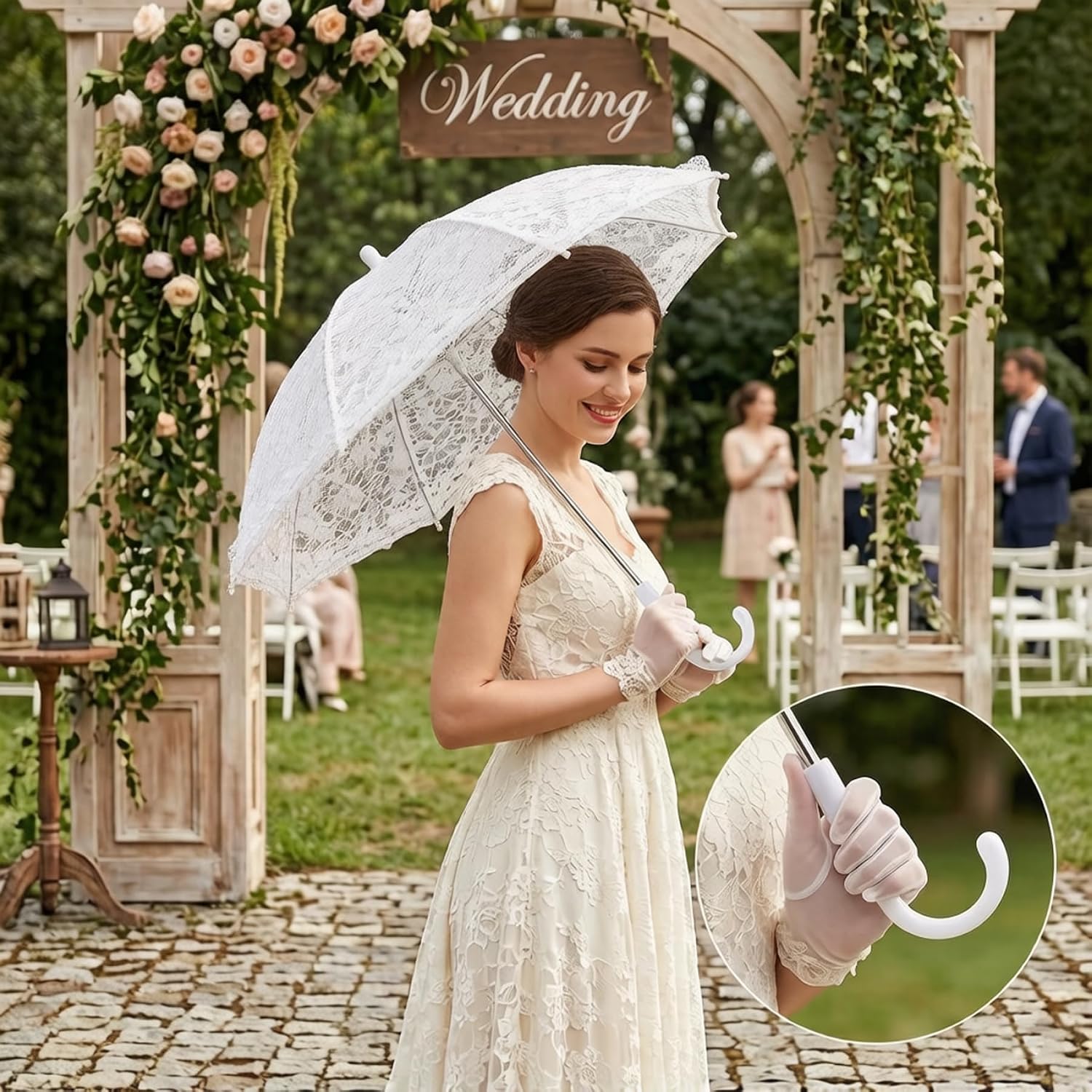 Vintage Umbrella Lace Umbrella, Elegant White Lace Parasol Vintage Style with Sturdy Stainless Steel Frame for Wedding Photo Prop, Tea Party Decor