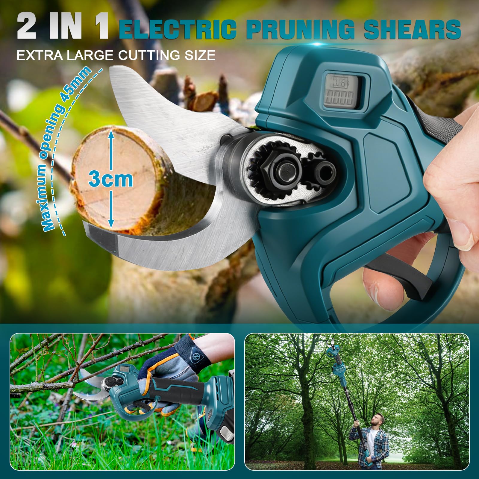 Akku Astschere Mit 2.0M Teleskop für Makita 18V (ohne Akku) 1000W | Bürstenlose Gartenschere Öffnung 45mm, Max 30mm Schnittdurchmesser, LCD Display Elektrische Schere zum Sträuchern und Ästen