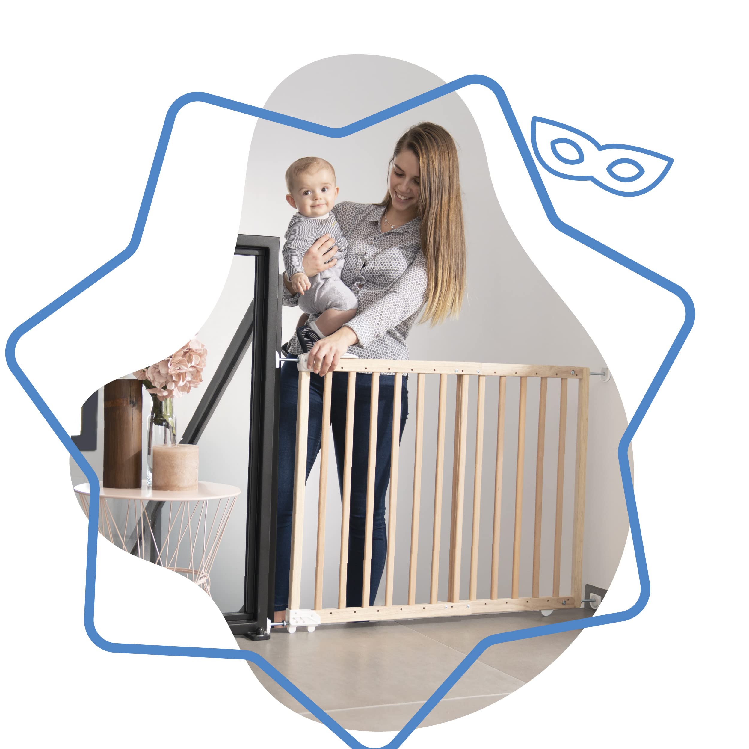Badabulle Barrière de Sécurité Enfant en Bois Deco Pop - Barrière Extensible pour Ouverture de 63 à 106cm - Fixation Vis, Naturel