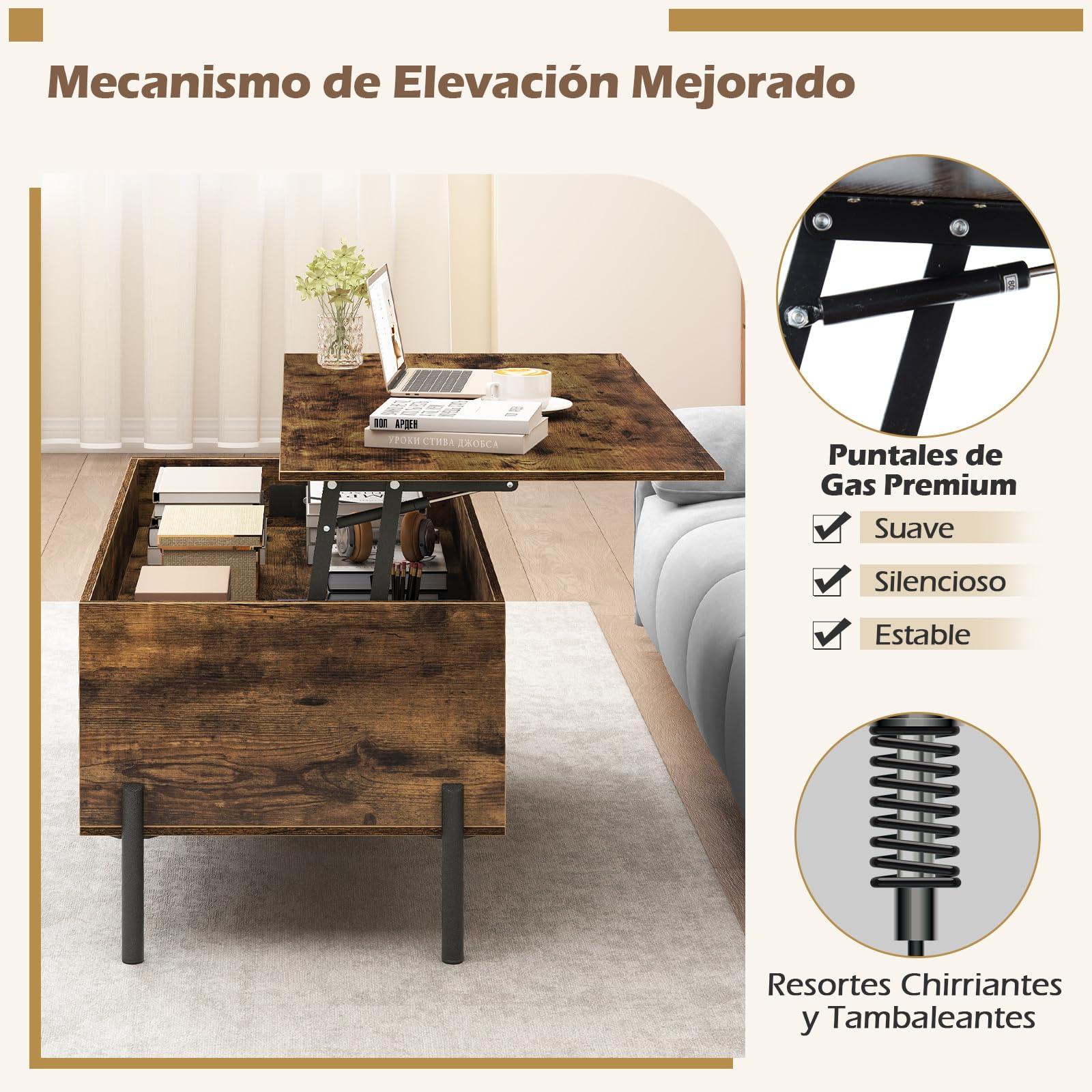 COSTWAY Mesa de Centro Elevable, Mesa Central de Café con Tablero Elevable, Amplio Compartimento Oculto y 3 Espacios Abiertos, Mesita de Cóctel con Patas de Metal (Café)