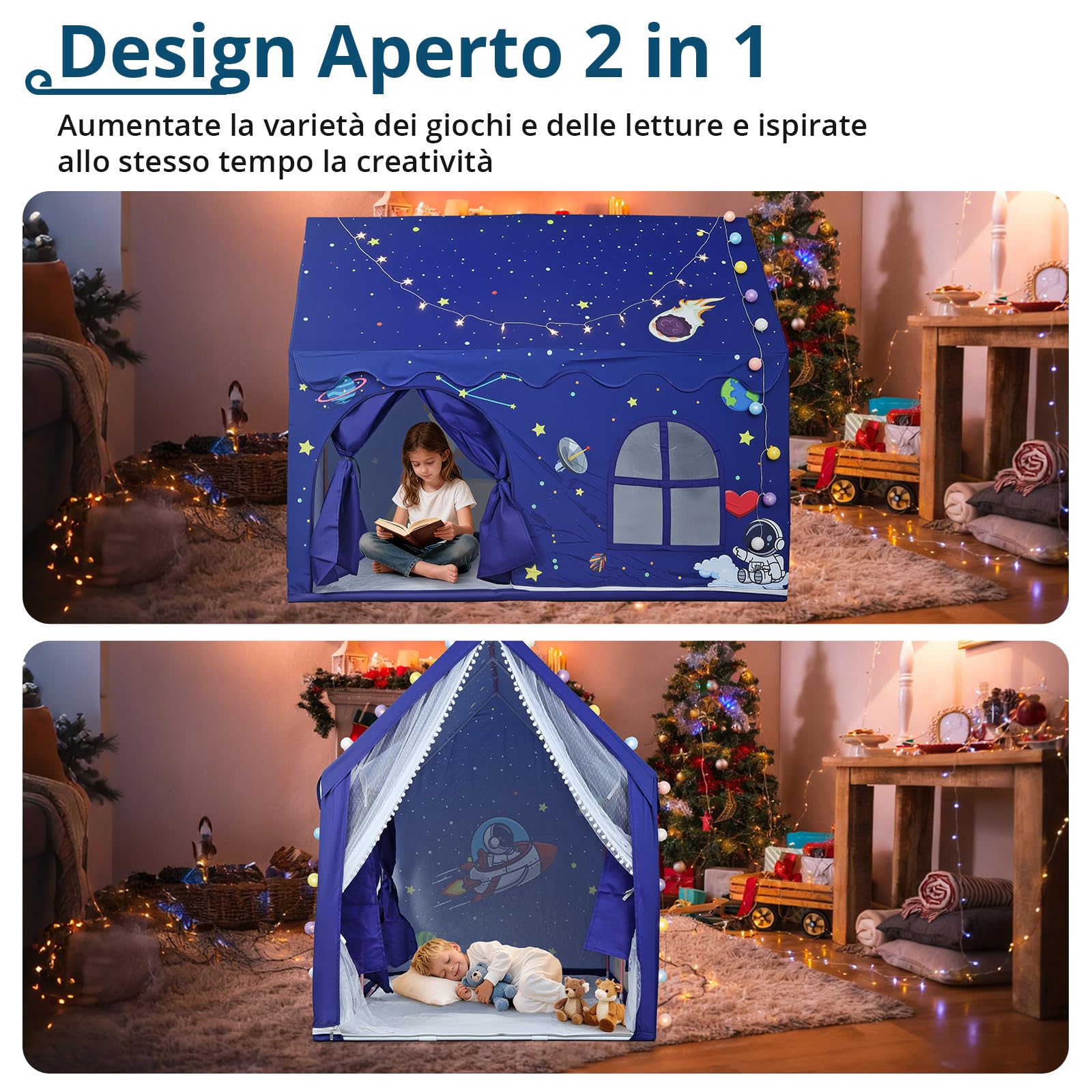 Tenda da Gioco per Bambini a Tema Spaziale con Luci LED a Stelle | Capanna di Grandi Dimensioni 160×105×128cm per Interno ed Esterno con 2 Porte e Tappetino Antiscivolo, Montaggio in 15 Minuti