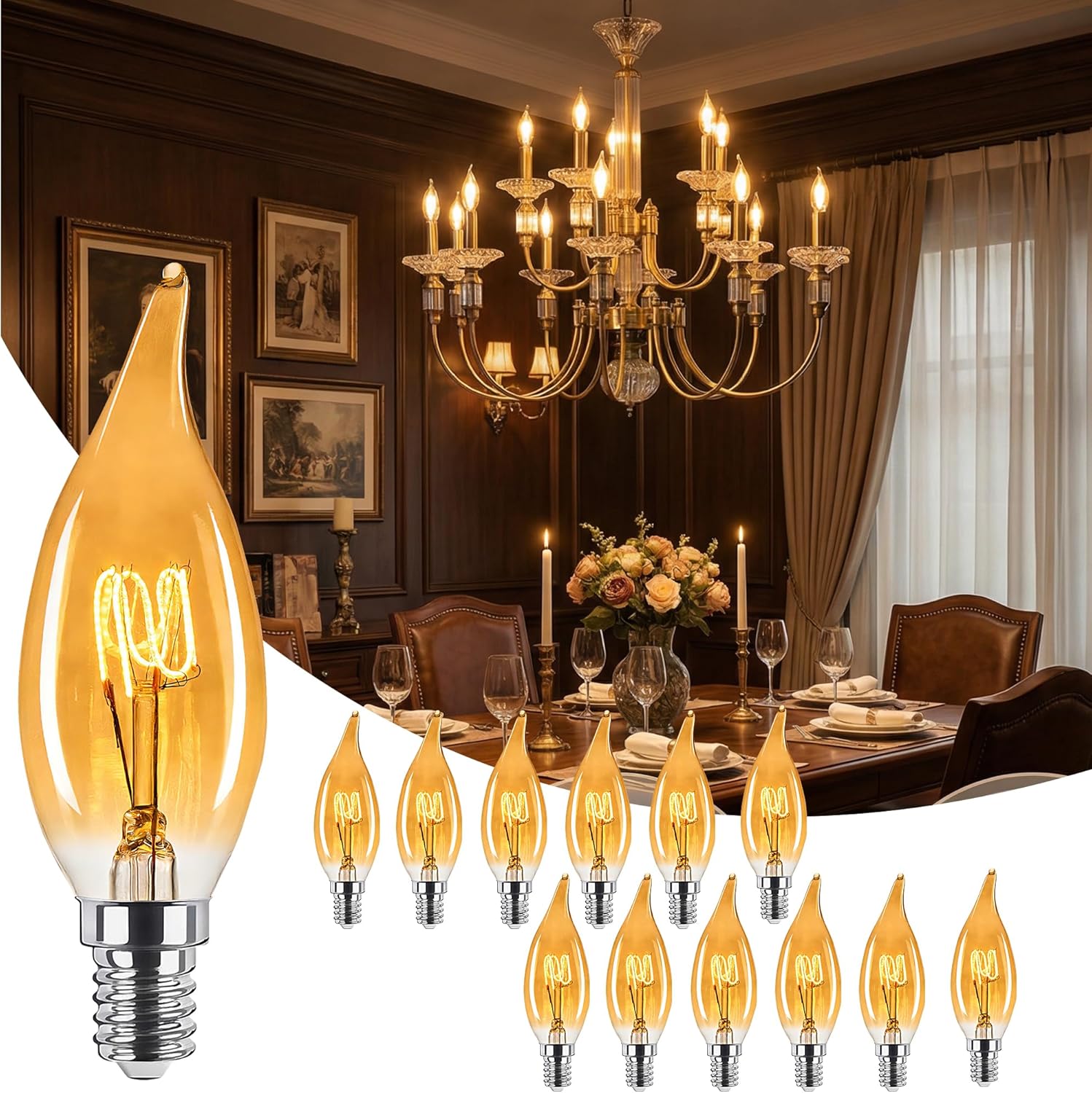 Amber Candelabra Light Bulbs 40watt Equivalent, 4W Ultra-Fine LED Filament E12 Small Base, Dimmable 2000k Warm Light, Candle Ca10 Chandelier Light Bulbs for Ceiling Fan,Chandelier, 12 Pack