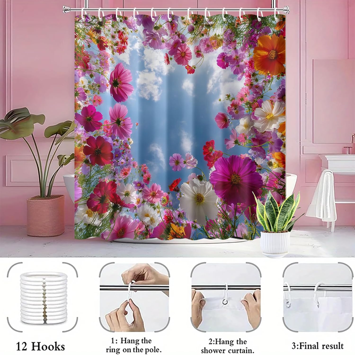 Floral Sky Shower Curtain 72x72 Inch with Hooks Colorful Cosmos Flower Field Looking Up at Blue Sky Design Fabric Bathroom Decor for Cottagecore Garden Boho Lovers Bathtub