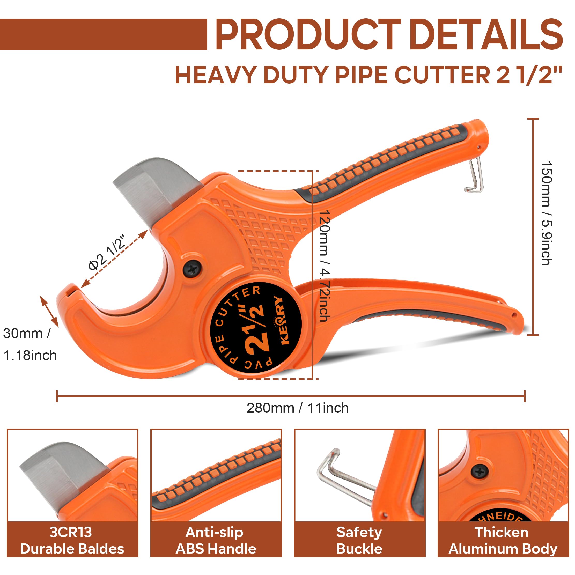Kerry PVC Pipe Cutter, Up To 2-1/2" Ratcheting Heavy-Duty PEX POLY PE Plastic Hoses And Plumbing Tube Cutting Tool, Stainless Steel Blades, Thicken Aluminum Body Efficient Extended Handle - View #6