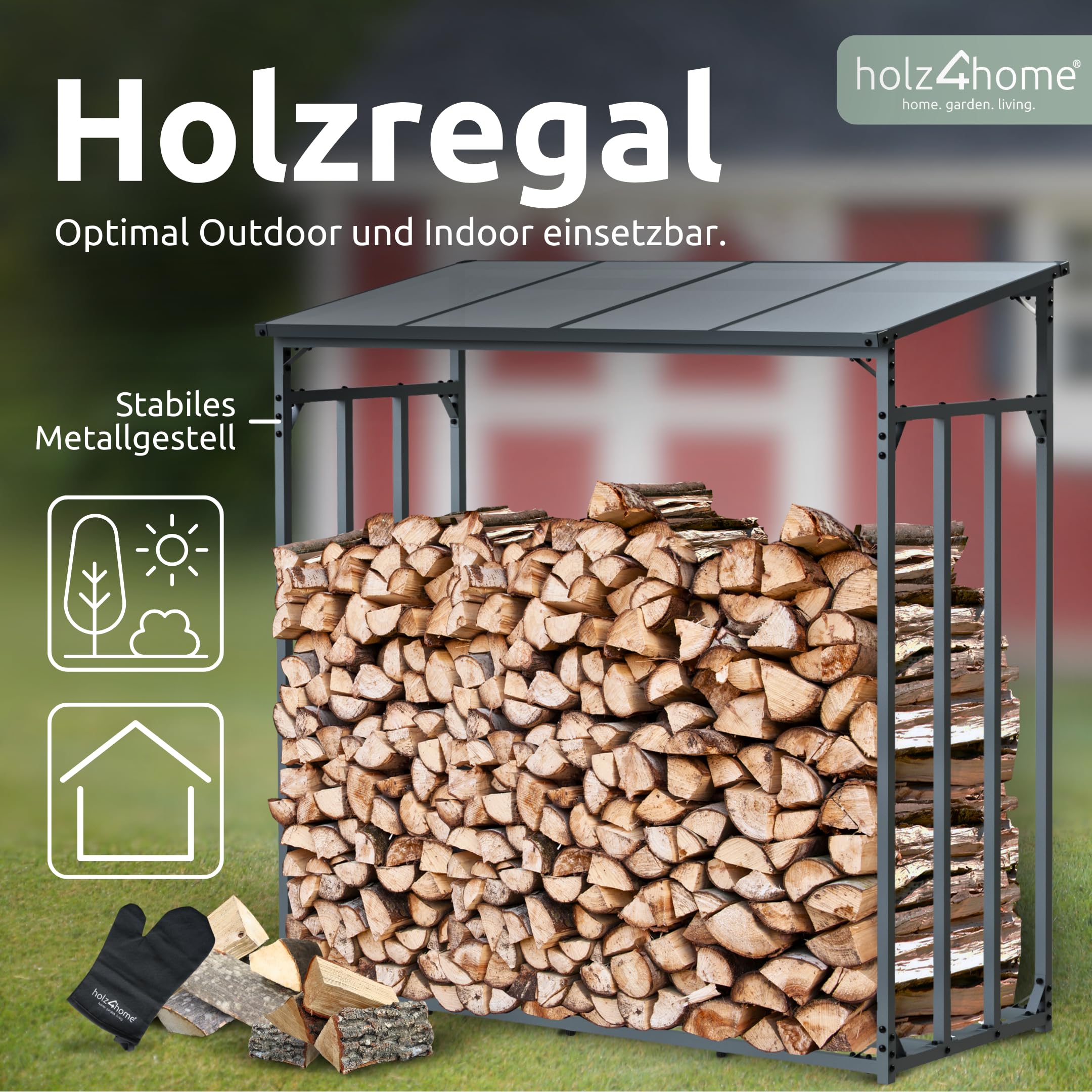 holz4home® Kaminholzregal XL Außen Holzlager I Größe: 182x70x185 cm I Brennholzregal inkl. Ofenhandschuh I Holzunterstand Überdachung mit Stapelhilfe für Brennholz I Holzregal Outdoor