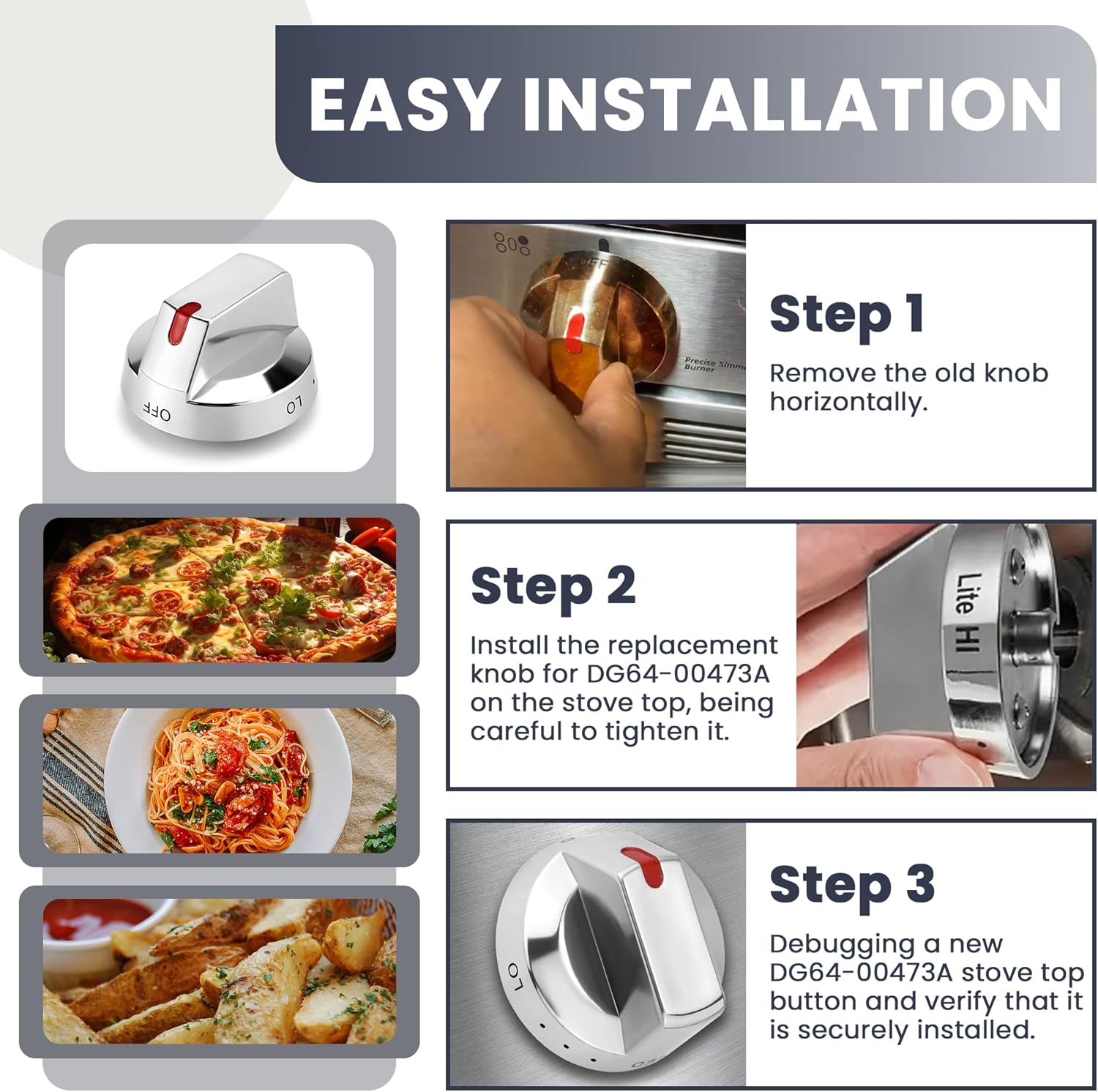 Fetechmate Upgraded DG64-00473A Burner Stove Dial Knob,Strong Rings,Stainless Steel Compatible with Sam.Sung Range Oven Gas Stove Knob NX58F5700WS NX58H5600SS NX58H5650WS NX58J7750SS (5 Pack)