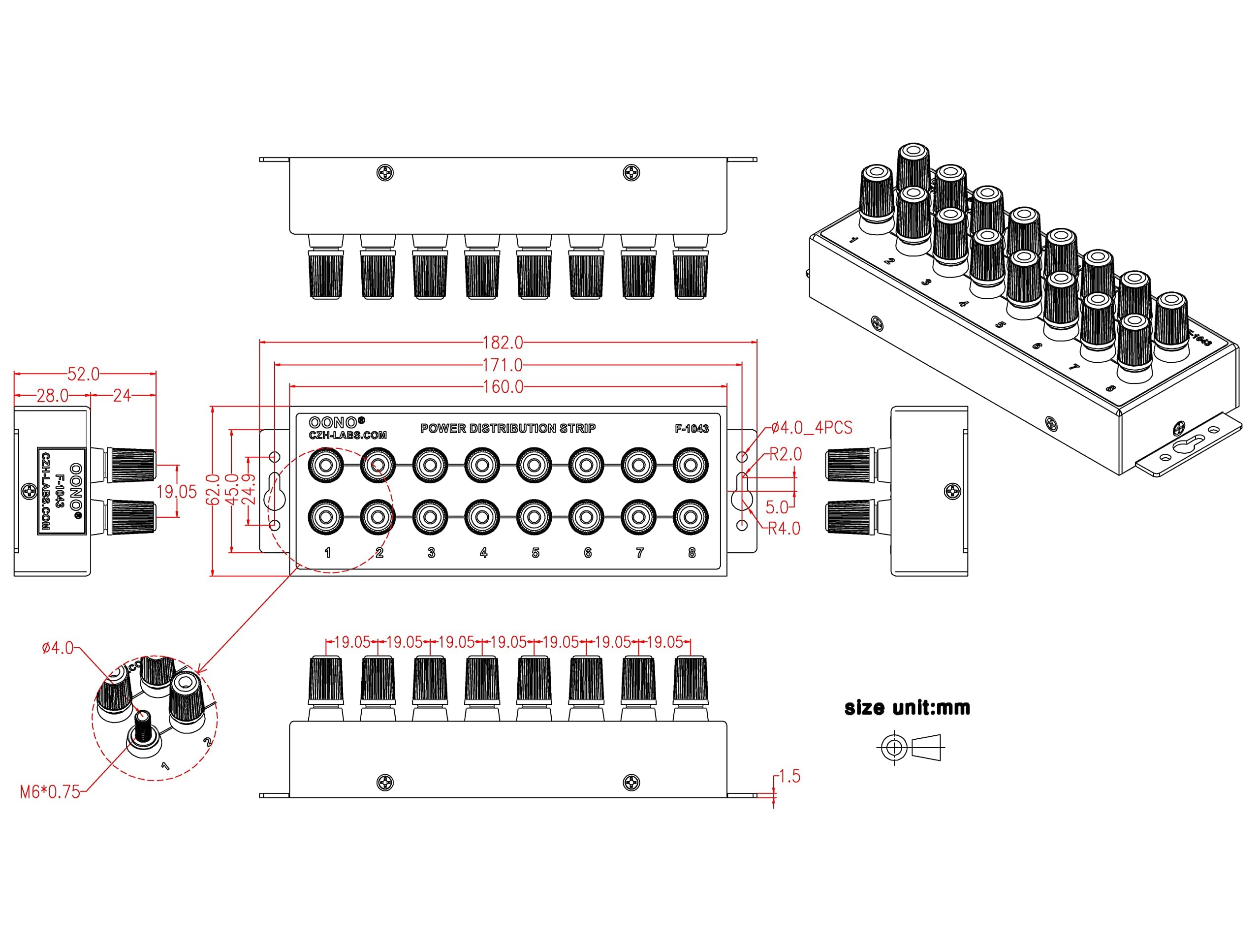 Banana Jack 8 Outlet DC Power Distribution Strip (Without Cable