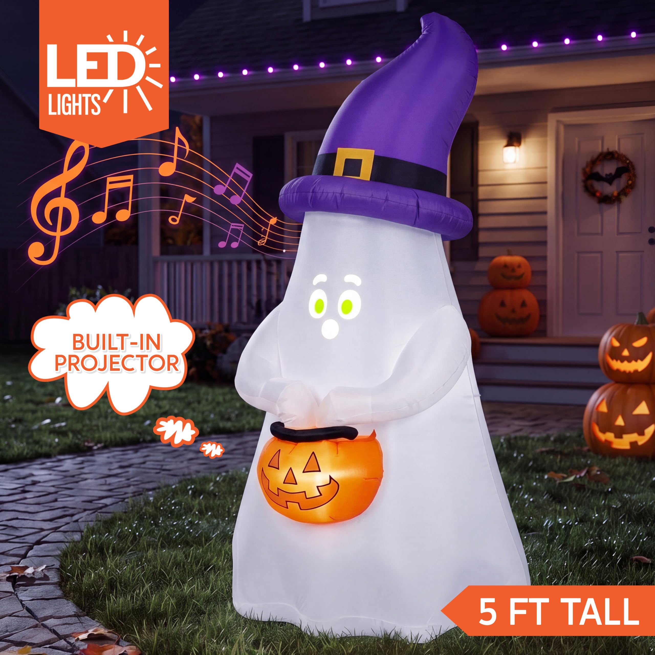 Joiedomi Decorazione gonfiabile per Halloween da 1,5 m, con proiettore e musica, con 8 espressioni facciali e carillon per feste all'aperto