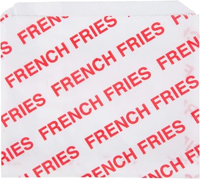 A1 Bakery Supplies Large Printed French Fry Bags 100 Pack 5 1/2" x 4 1/2" Waxed Paper Fold Top Red Disposable Rectangular Microwave Safe Steamer Safe Food Storage Bags