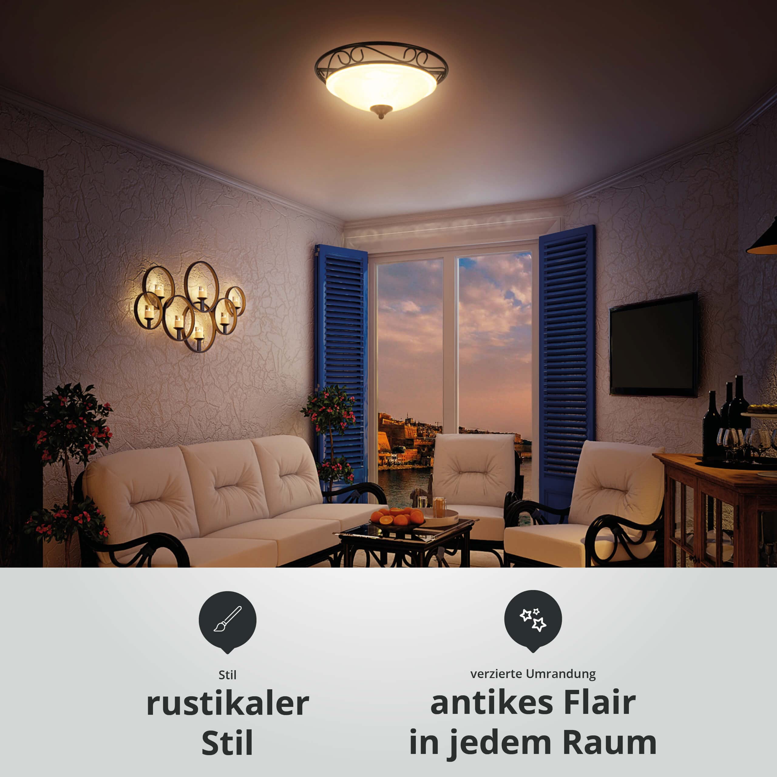LED Universum - antike Deckenleuchte Rustika 37cm rund aus Metall und Alabasterglas schwarz 2 x E27 Fassung max. 60W