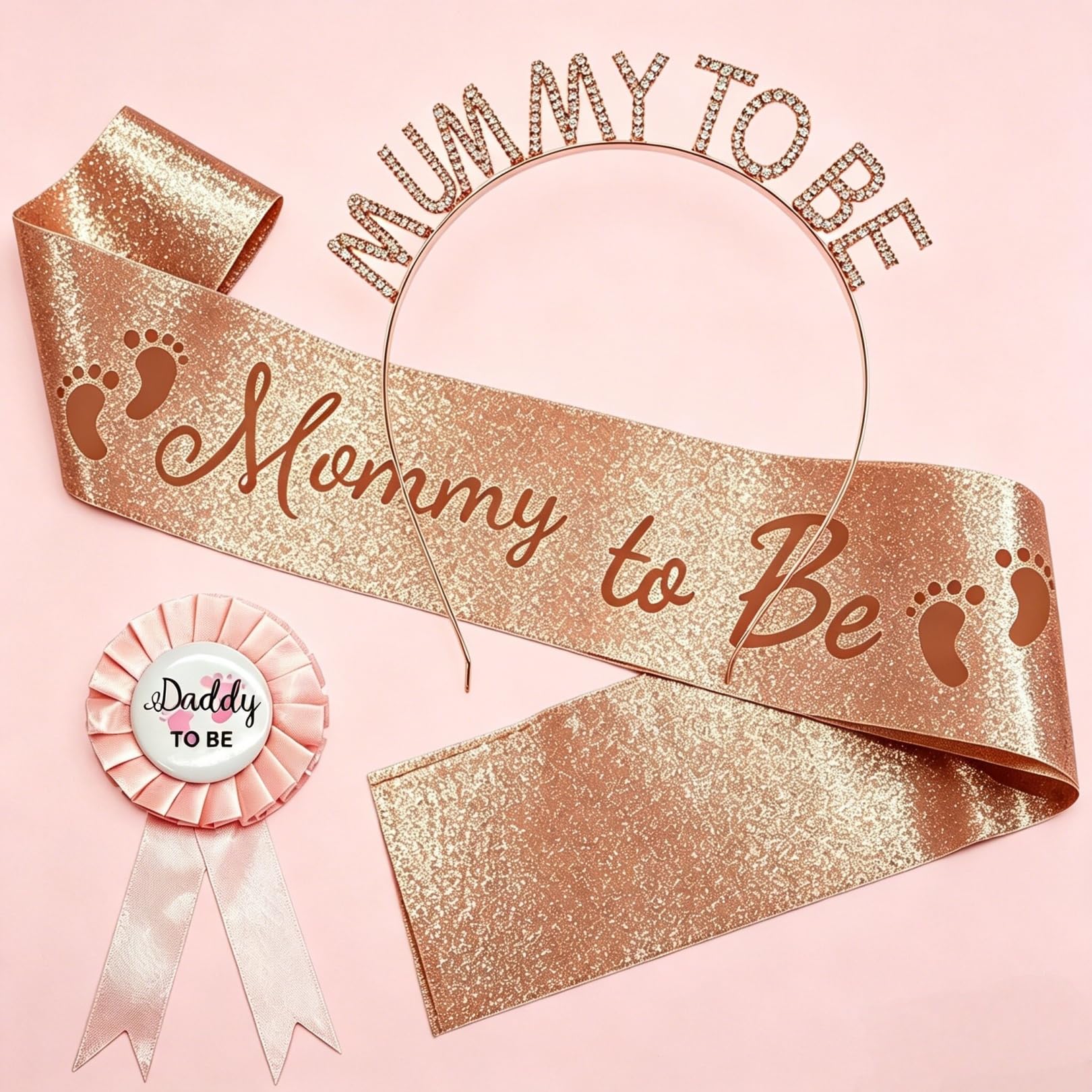 Sinaya Mummy to Be Sash and Tiara Set, 3 Pcs Baby Shower Accessories Include Rhinestone Crown Headband & Badge, Floral Design Maternity Favour Gifts Party Decoration for Expecting Mum