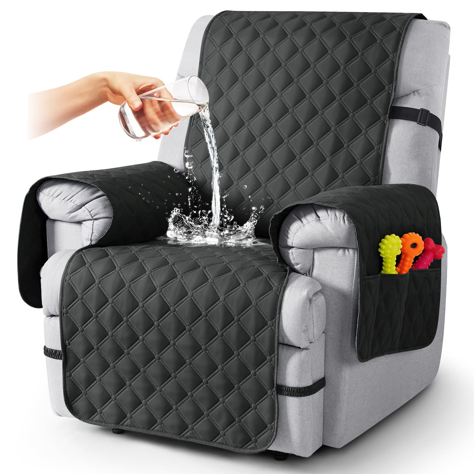 TAOCOCO Waterproof Recliner Covers, 100% Recliner Sofa Covers with Leg Straps, Reversible Recliner Couch Cover for Reclining Chair, Washable Couch Protector for Pets Kids(1 Seater 22", Stone Gray)