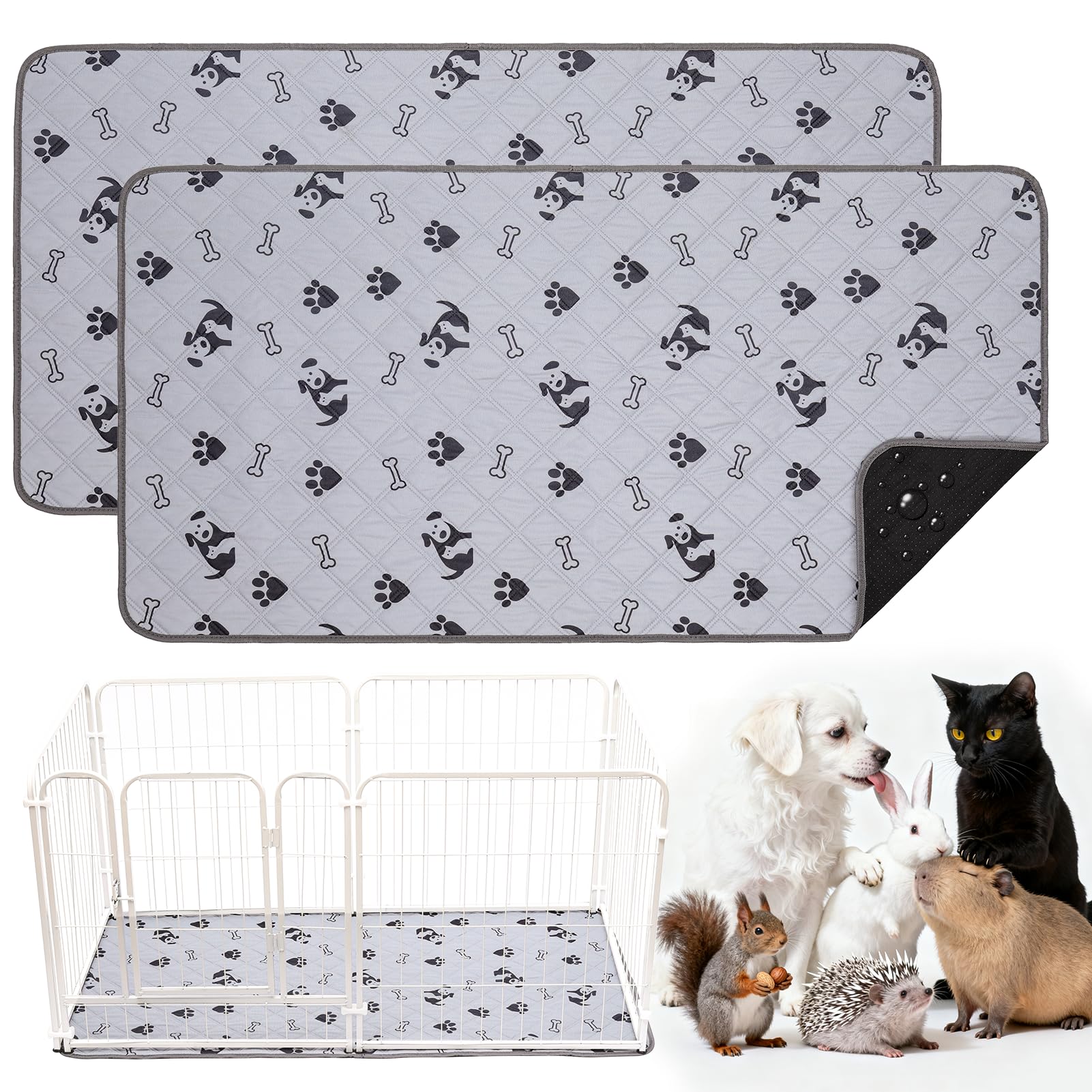 HOZKUY 2-Pack Guinea Pig Cage Liners & Bedding 24"x48"- Fast-Absorbing, Washable & Reusable, Leakproof Pee Pads and Mat with Odor Control & Non-Slip Bottom for Rabbits, Hamsters & All Small Animals