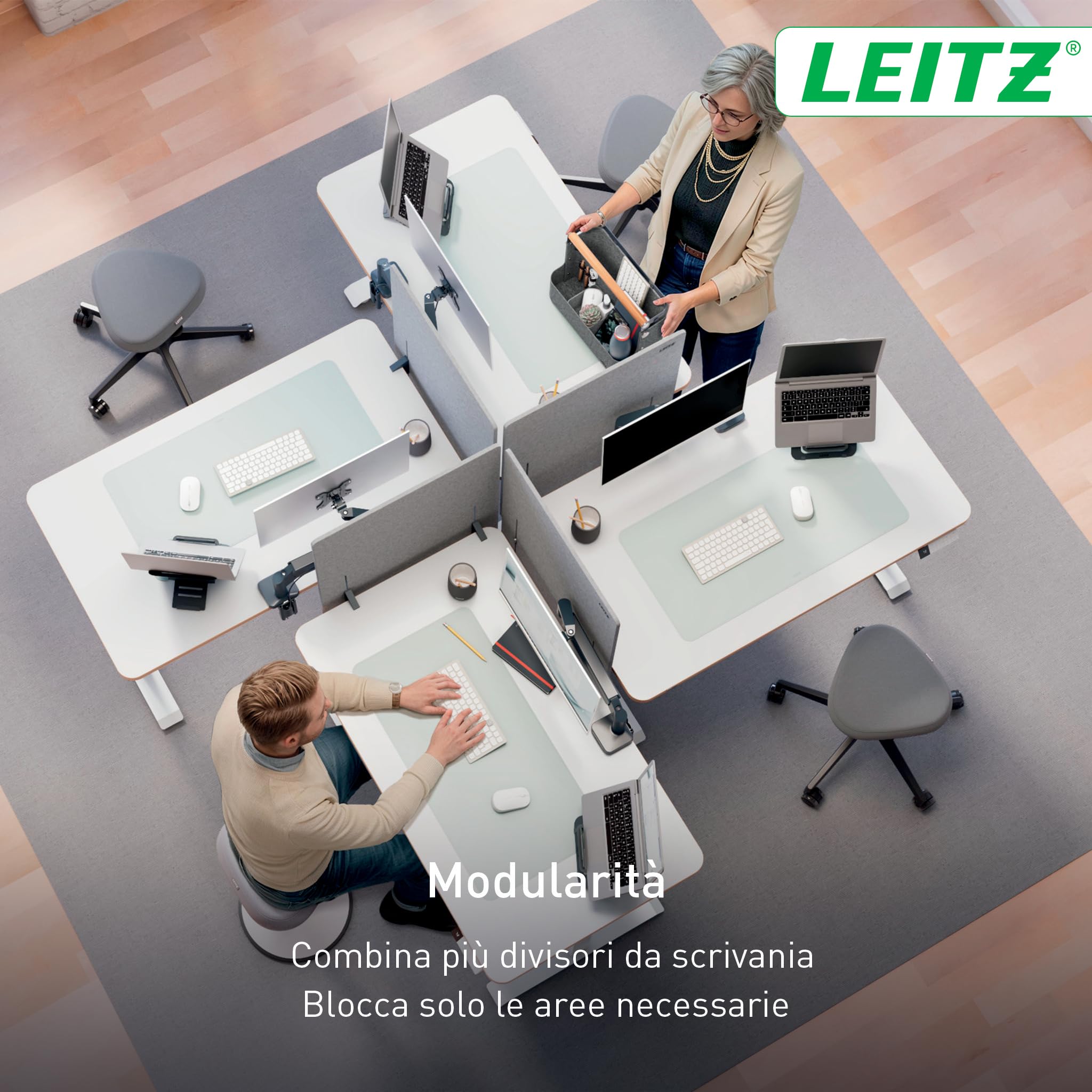 Leitz Divisorio Scrivania Regolabile in Altezza - Pannello Scrivania con Regolazione Continua, Materiali Fonoassorbenti e Morsetto Sicuro - 80 x 70cm