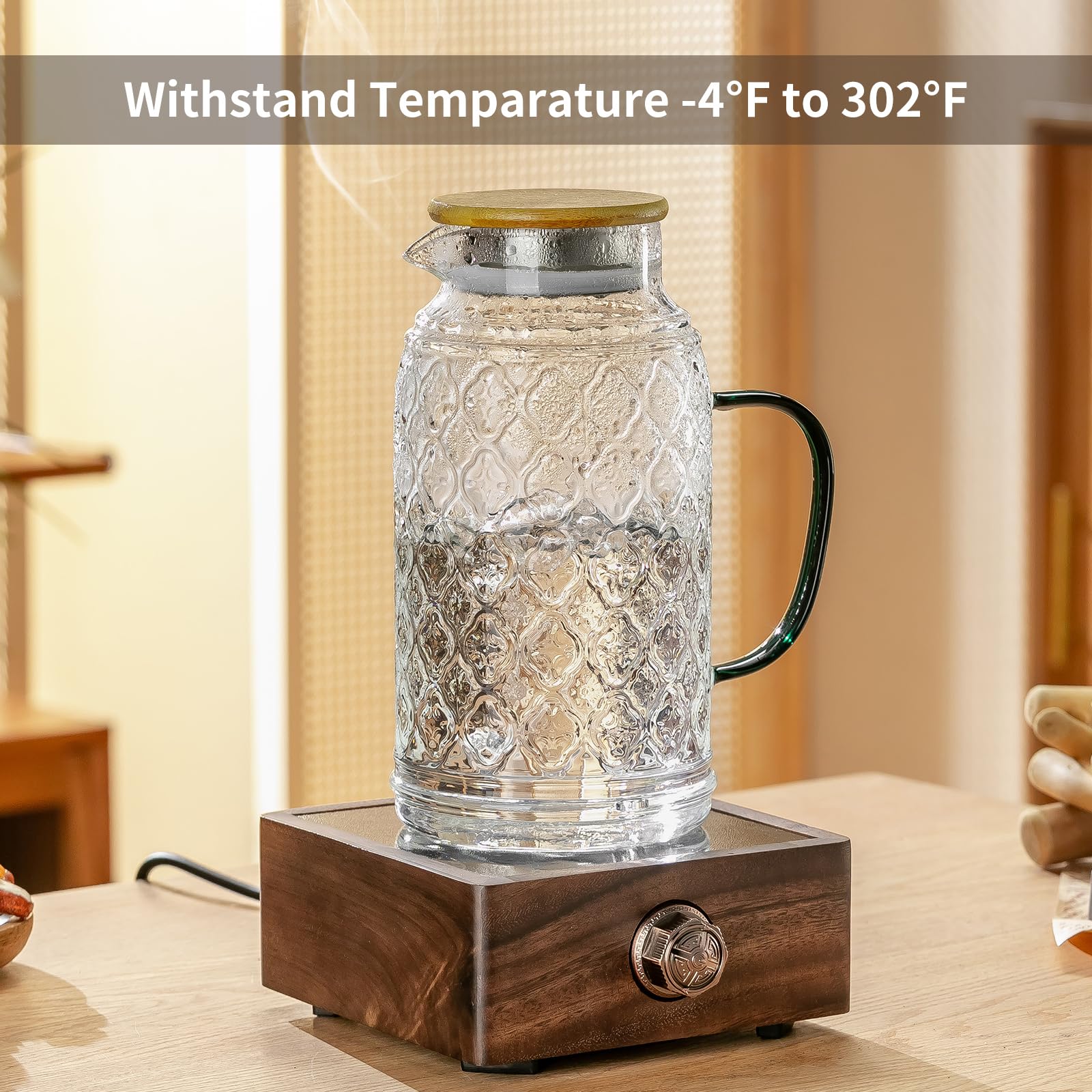 Buaic Glaskrug mit Bambusdeckel, 2 l, Vintage-Wasserkrug, klares Borosilikatglas, Wasserkaraffe für kaltgebrühte Getränke, Kaffee, Limonade, Eistee, Getränke, hitzebeständiger Wasserglas-Krug