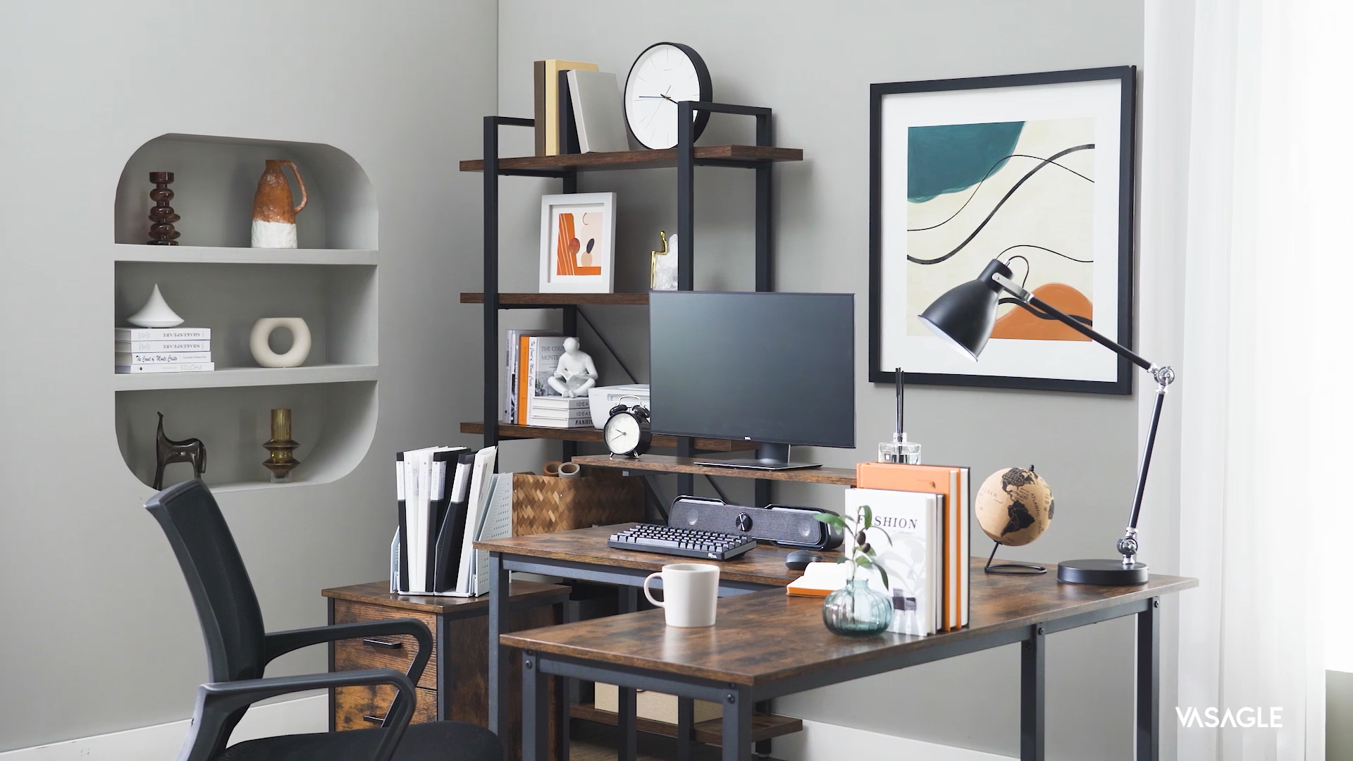 Scrivania A L VASAGLE - Per Computer, Gaming O Ufficio, 138x138cm, Greige E Nero - Foto 7