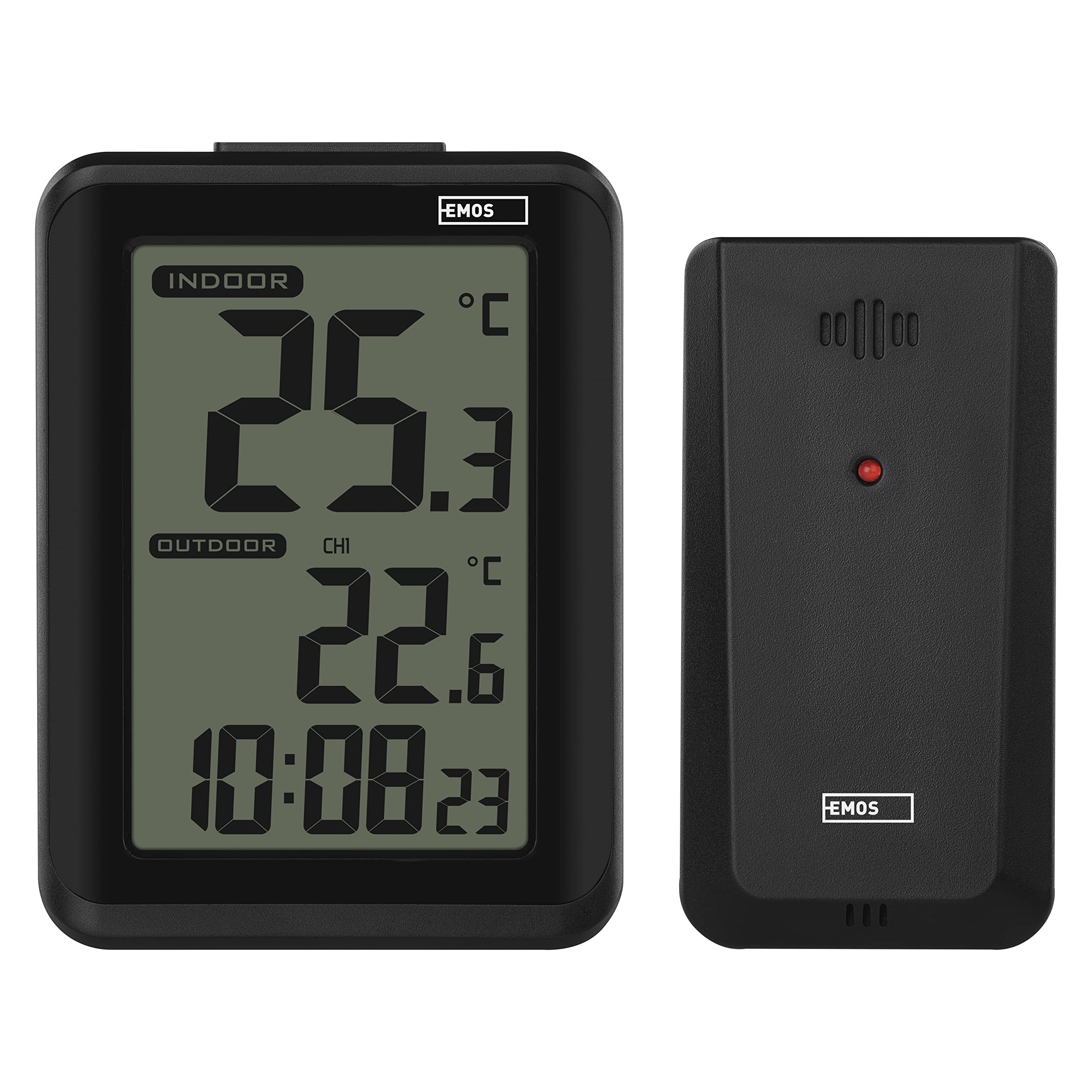 EMOS Digital Thermometer with Wireless Outdoor Sensor, Indoor and Outdoor Thermometer and Hygrometer, Backlight, Min. and Max Measurements, Alarm Clock with Snooze Function, Battery Operated