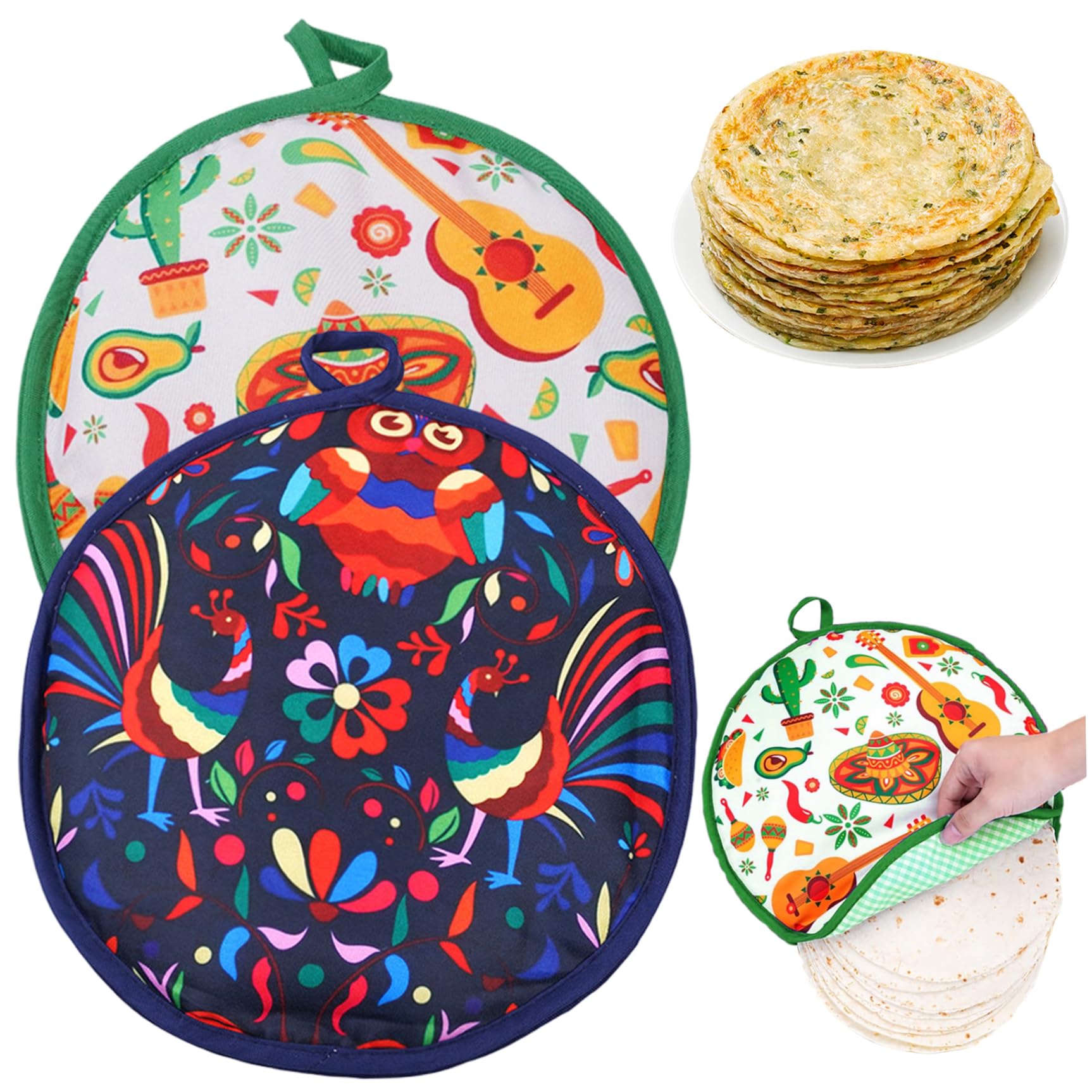 Awnsimfreien 2Pcs Tortilla Warmer Pouch 11.8 Inch Round Anti-Scald & Dustproof Hanging Tortilla Warmer Microwavable Easy Clean For Kitchen Supplies