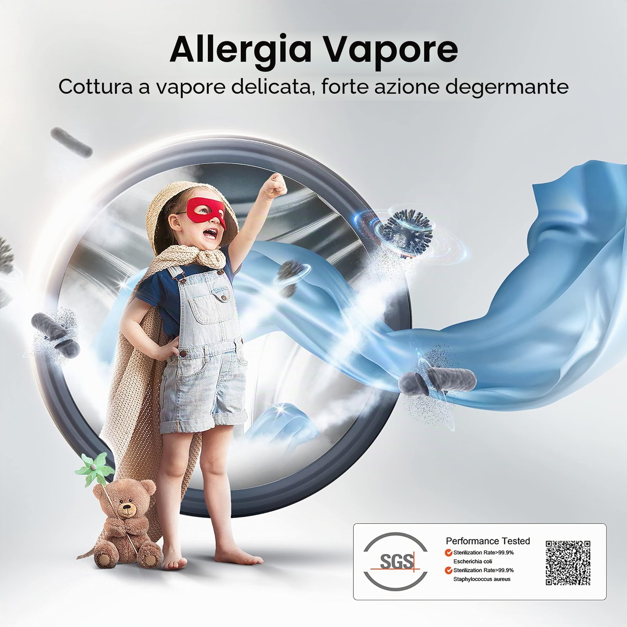 Hisense WFQA1014EVJM Lavatrice con funzione vapore/10 kg/AquaStop /1400 giri/min /15 programmi/Inverter PowerDrive Motor/Tamburo in acciaio inox/Sicurezza bambini/Pulizia del tamburo/Bianco