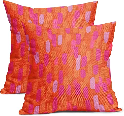 Juego de 2 fundas de almohada abstractas retro de los años 70 de 18 x 18 pulgadas, color rosa intenso y naranja con pincel de pintura, fundas de