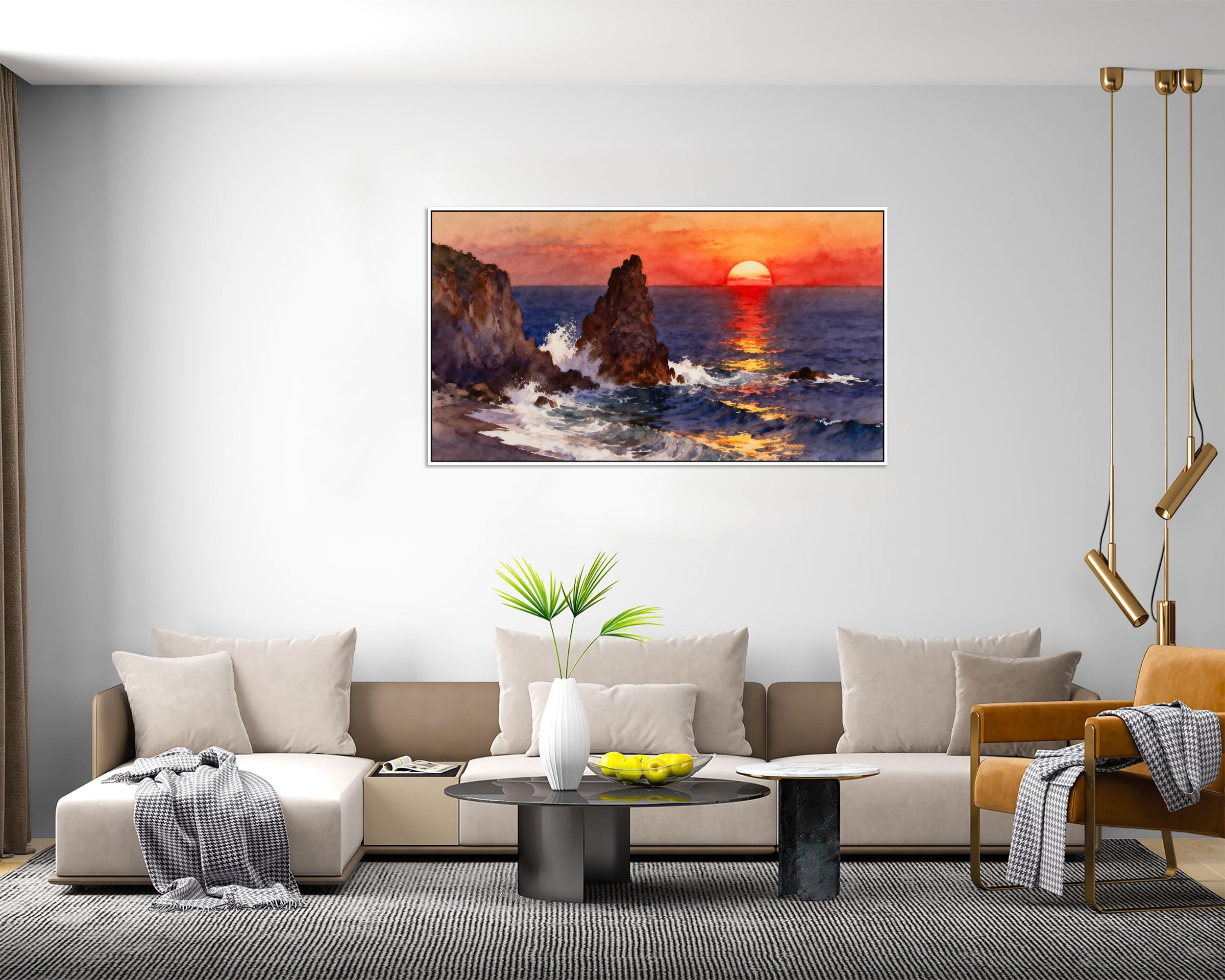 OZPWBVY Landschaft Leinwandbild-Rock Meer Sonnenuntergang-Natur Drucke für Wohnzimmer Schlafzimmer Wohnkultur Fertig zum Aufhängen 50x90cm Weiß Rahmen