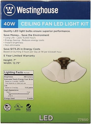 Miniatura 3 de Westinghouse Lighting 7785000 Kit de luces LED para ventilador de techo con tres luces, acabado de bronce aceitado con vidrio acanalado esmerilado,