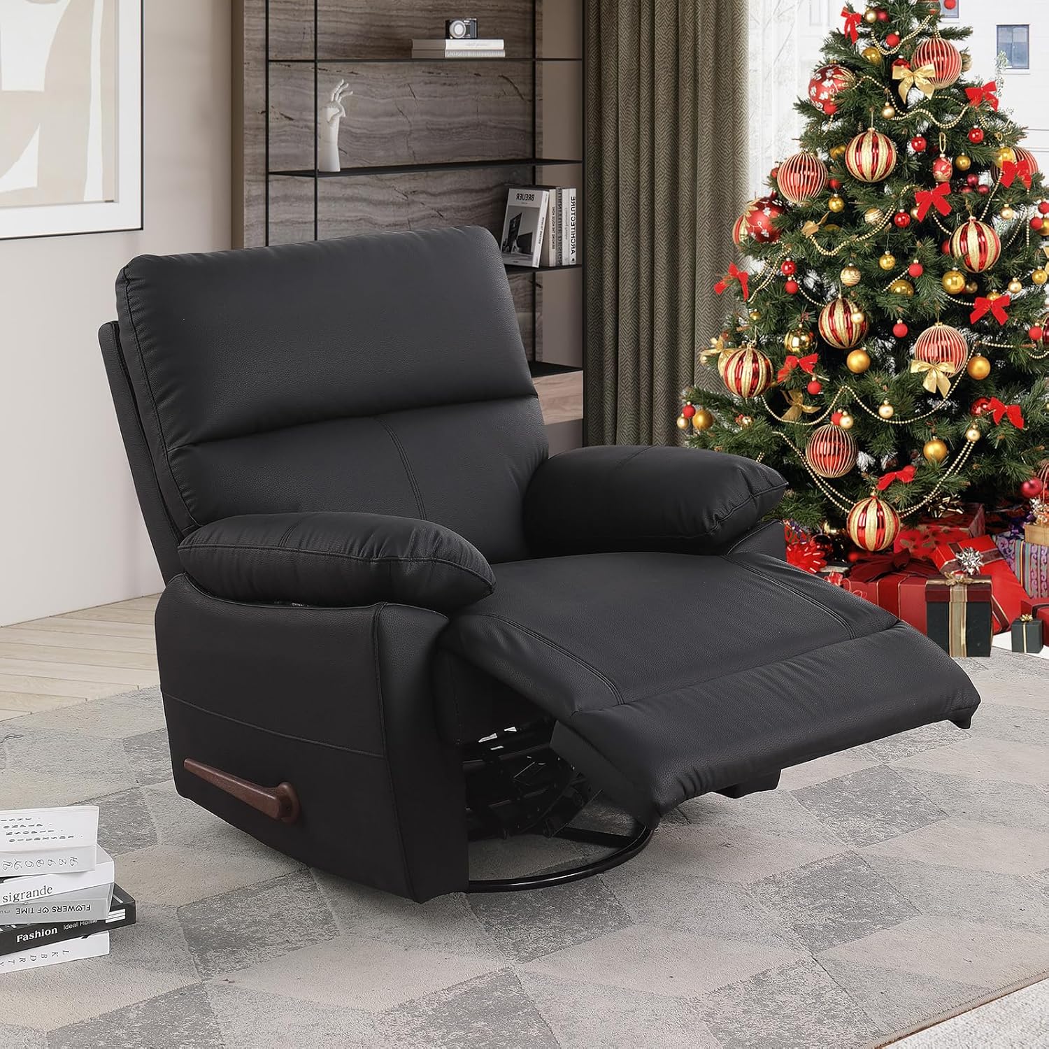 Manual Recliner Chair with Lever Handle, 360° Swivel Elderly Rocker Recliner Chairs, Glider Rocking Chair Nursery, Upholstered Recliner Sofa Chair for Living Room, Small Spaces (Black)