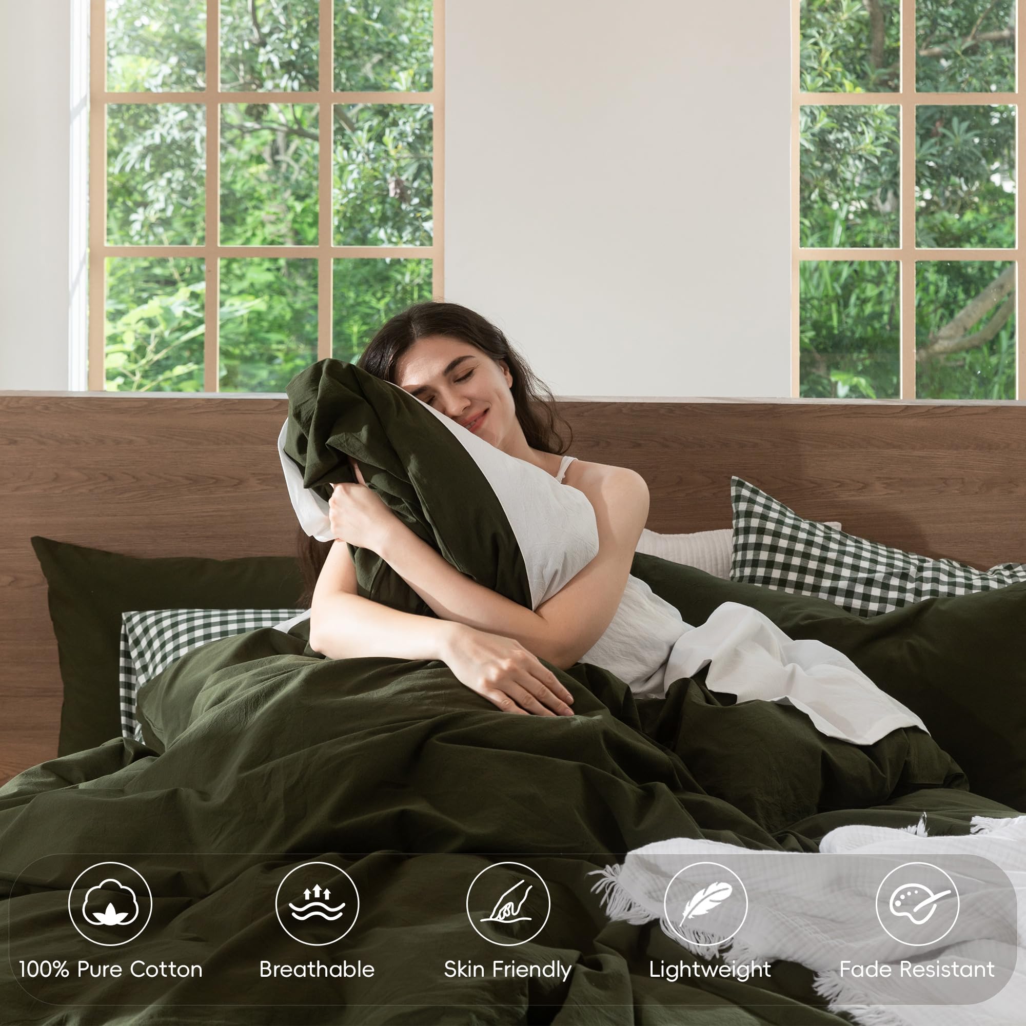 MooMee Bedding Duvet Cover Set 100% Washed Cotton Linen Like Textured Breathable Durable Soft Comfy (Olive Green, Queen) - 3