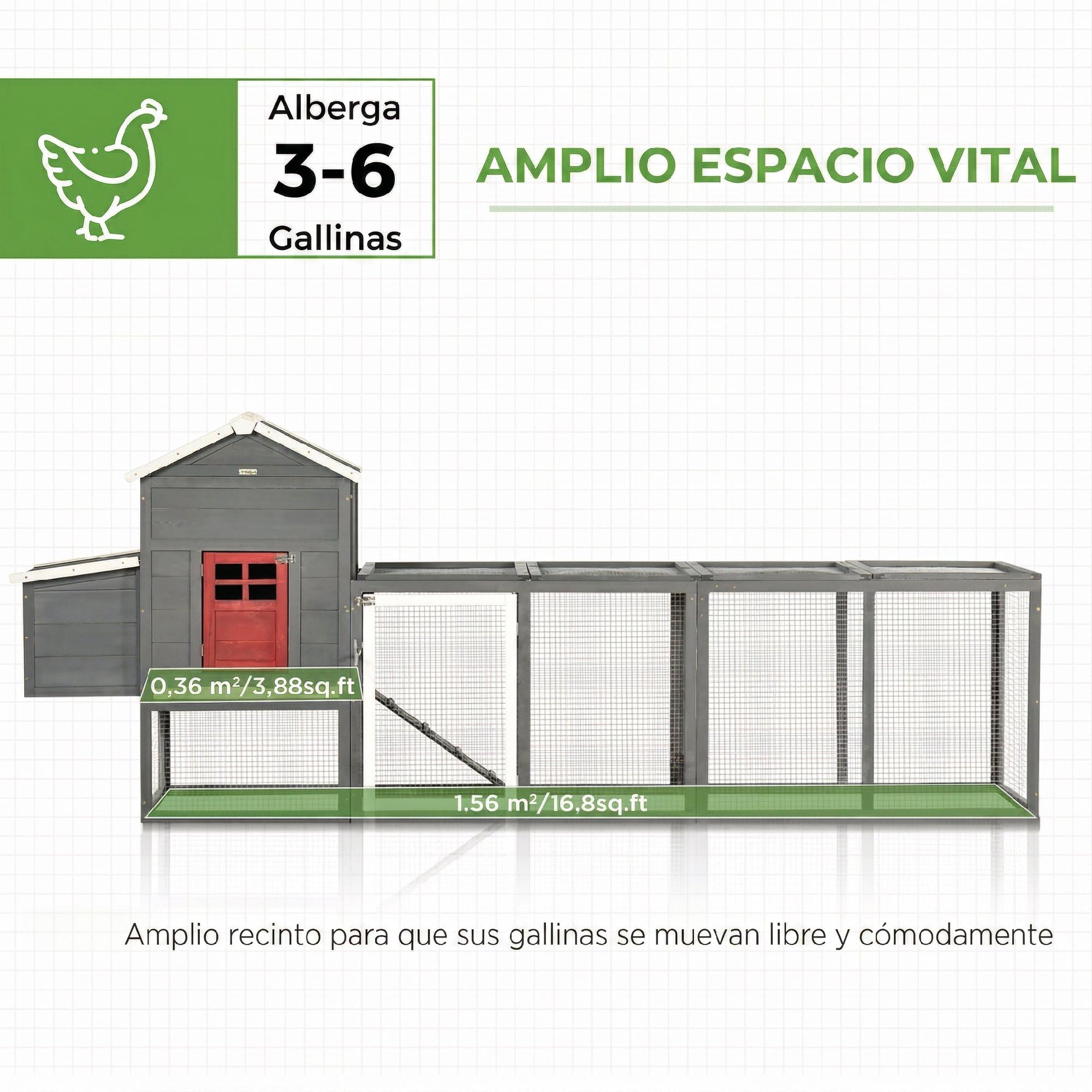 PawHut 118" Pollaio XXL con tetto in asfalto per 3-6 galline Grigio | Recinto in legno per galline, vassoio estraibile, nido, pollaio