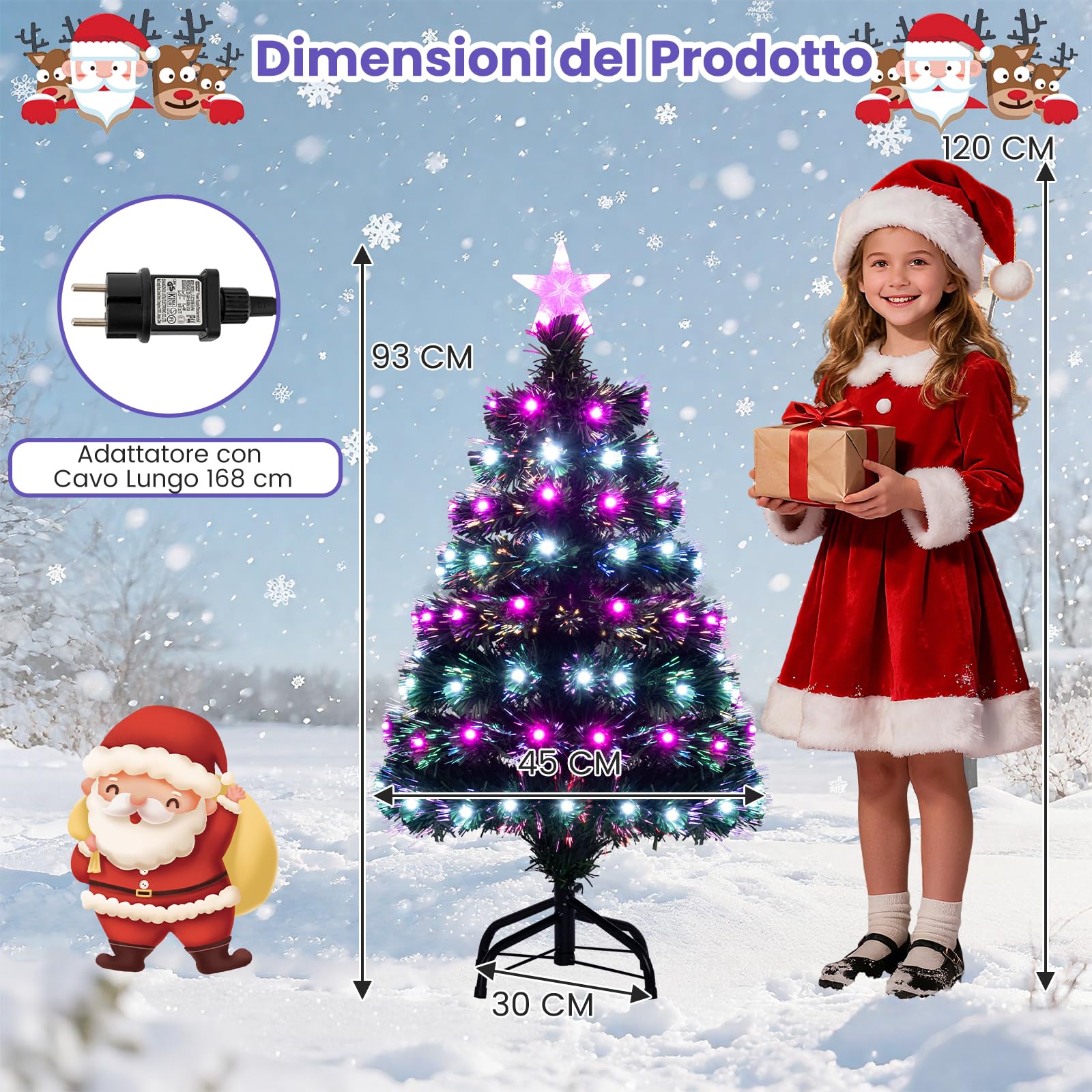 Albero di Natale Artificiale Illuminato da 93 cm, Albero di Natale con Fibre Ottiche Multicolore, 96 Luci LED Viola e Bianche, 8 Modalità, 96 Punte di Rami in PVC, Stella sulla Cima, Base Metallica