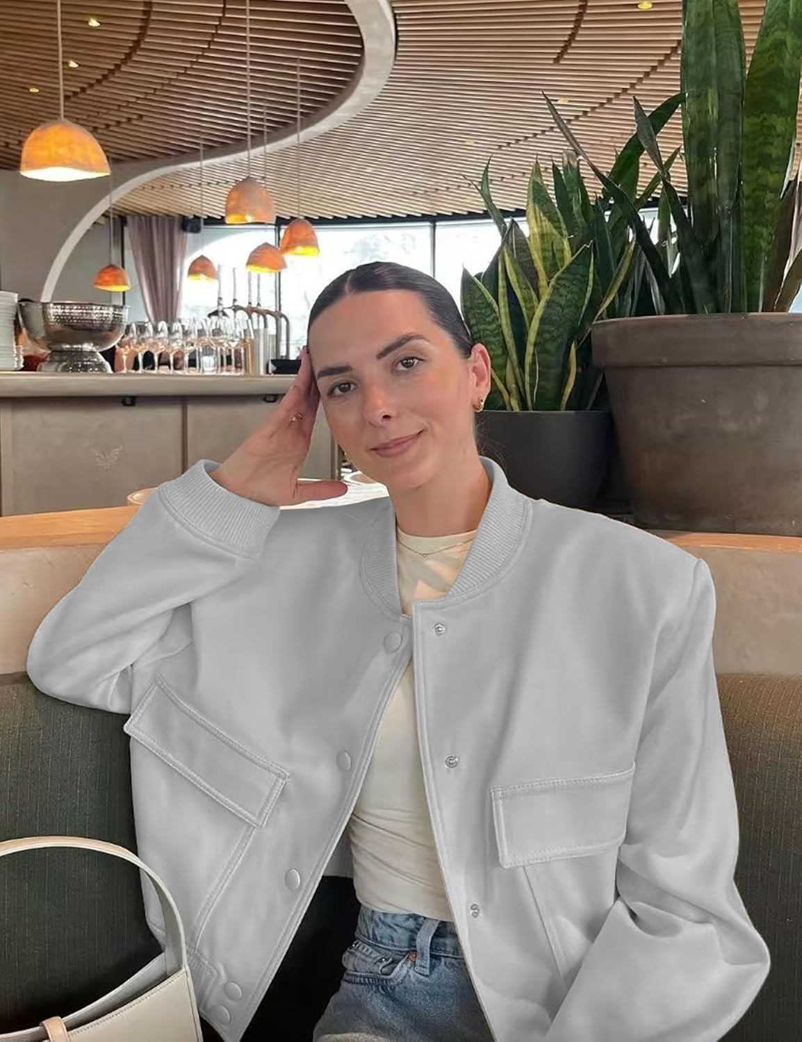 Womens Cropped Bomber Jacket Button Down Varsity Jackets Shackets with Pockets - Image 4