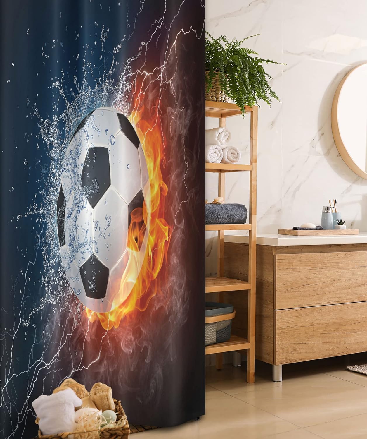 Ambesonne Sports Stall Shower Curtain, Soccer Ball and Water Splashing Thunder Strike Abstract Concept Art Design, Fabric Bathroom Decor Set with Hooks, 36" W x 72" L, Yellow Petrol