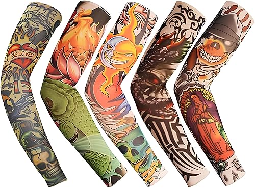 Mangas temporales de tatuaje falso para hombres y mujeres con diseños de calavera, dragón, rosa, pez koi, lobo, buda, tribal, Brillante-5p
