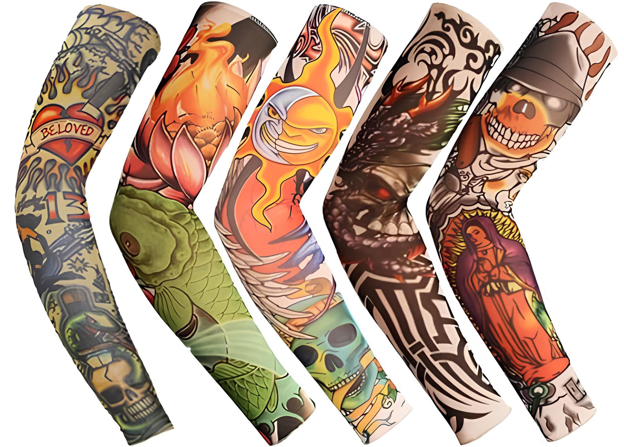 Temporary Tattoo Sleeves for Women, Fake Tattoo Sleeves for Men with Skulls, Lotus, Dragon, Rose, Hearts, Koi Fish (5 PCS)