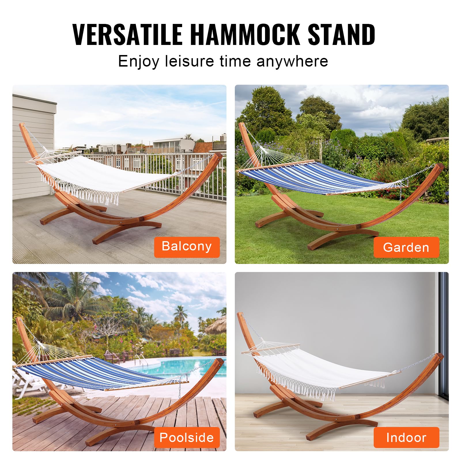 VEVOR Support de Hamac en Bois, Charge 215 kg, Cadre Universel pour Hamacs 2,8-3,9 m, Réglable