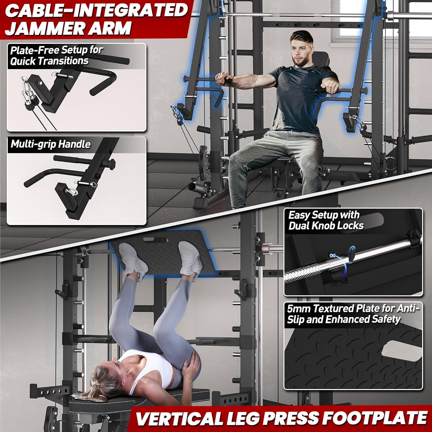 Smith Machine with Jammer Arms & Leg Press with Adjustable Dual Pulley Ratio (1:1 & 2:1), PMAX-4750 All-in-One Commercial & Home Gym Equipment, Heavy-Duty Steel Frame by RitKeep