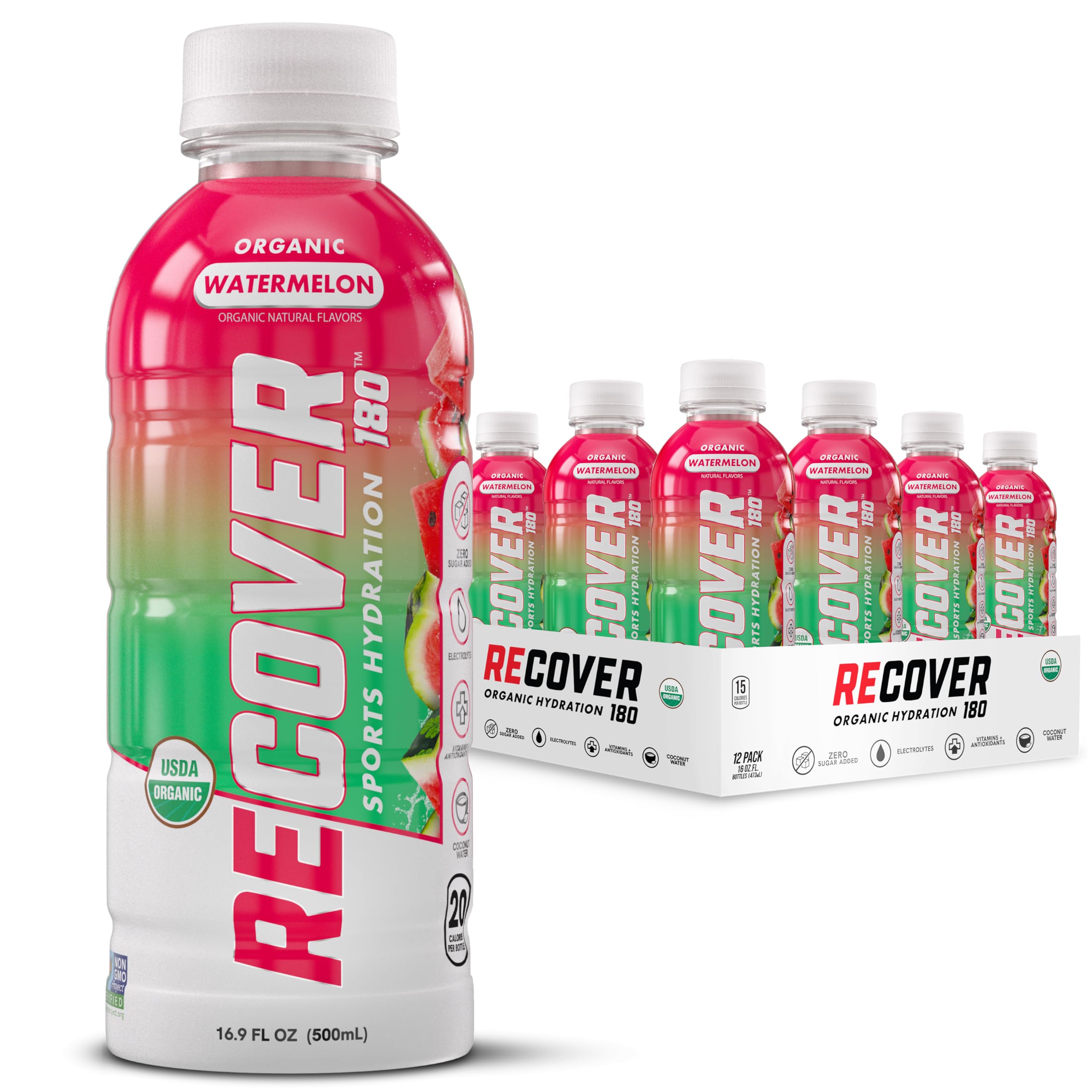RECOVER 180 Organic Sports Hydration Drink, No Sugar Added, 20 Calorie Sports Beverage, Organic Flavors With Vitamins, Potassium-Packed Electrolytes (16.9 Fl Oz (Pack of 12), Watermelon)