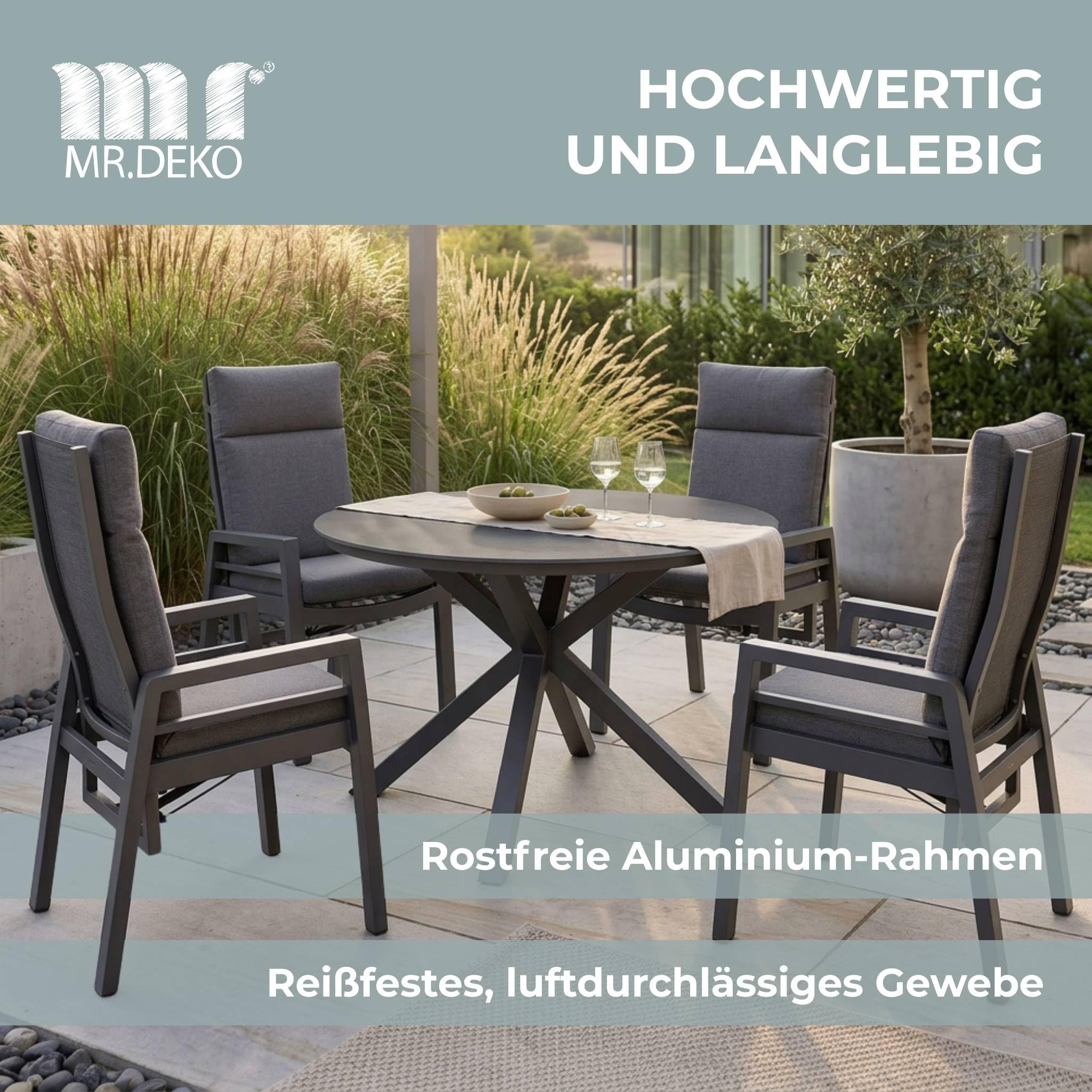 MR. DEKO Merida fotel relaksacyjny z aluminium/tekstylenem, w zestawie z poduszkami antracytowymi, rama aluminiowa i tekstylen w kolorze antracytowym | oparcie regulowane sprężyną gazową | idealny do