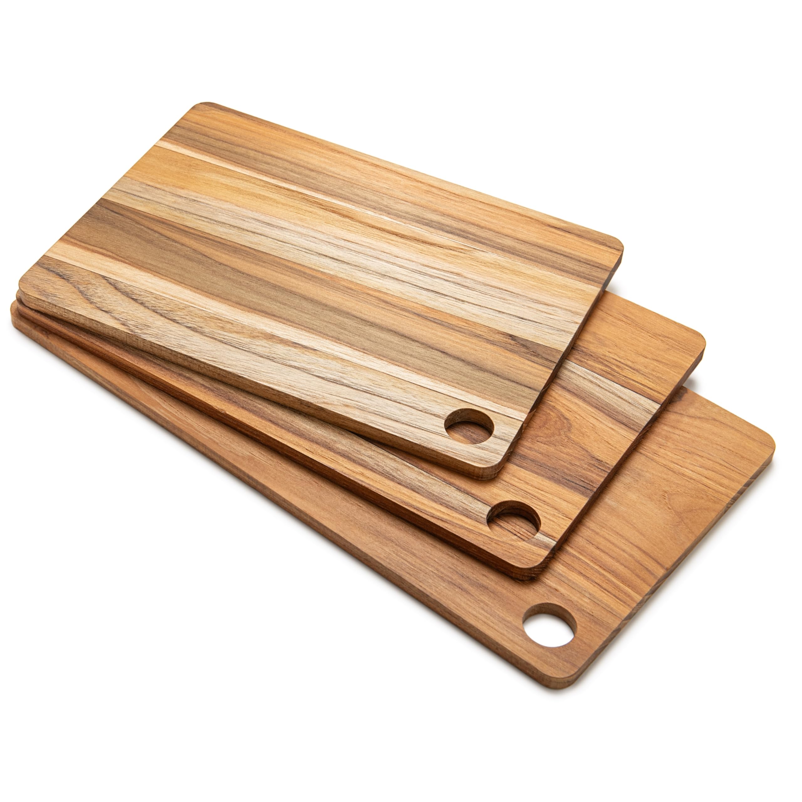 Erreke Set de 3 Tablas Reversibles en Madera de Teca en Diferentes Tamaños, Tabla Cortar Cocina Madera, Soporte Incluído Cocina Barbacoa Servir Carne Queso Pan