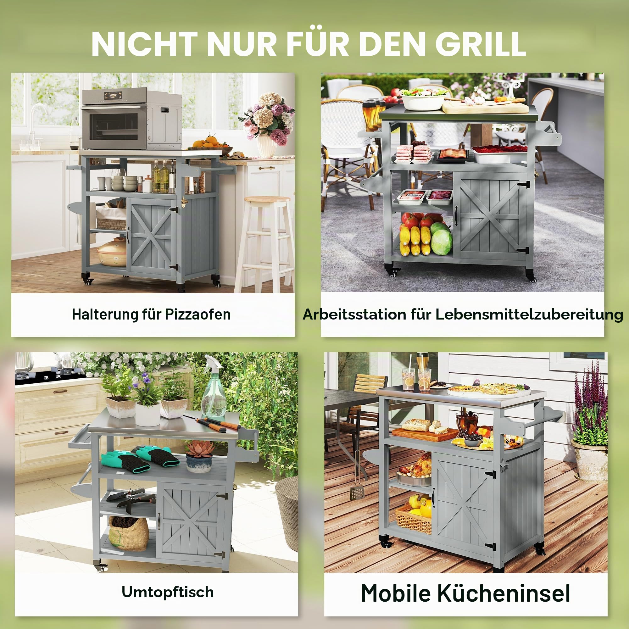 Outsunny Gartenwagen Grillwagen auf Rollen Kücheninsel aus Holz Edelstahlplatte Schrank offene Regale Gewürzhalter Handtuchhalter Flaschenöffner 107 x 49,5 x 92,5 cm grau